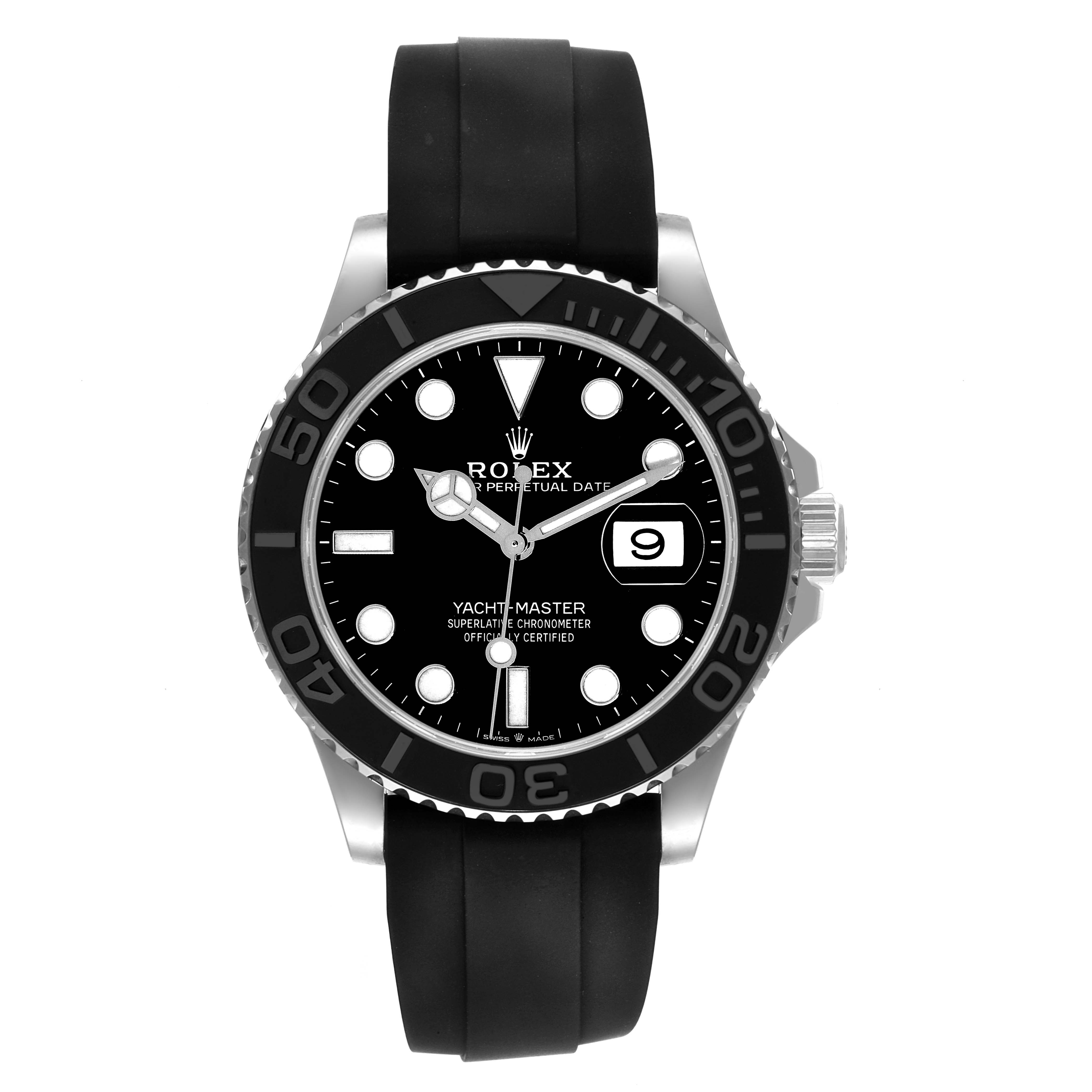 The Rolex Yacht-Master 226659 Men's White Gold Black Dial 226659 Men's White Gold Black Dial watch is shown from a front angle, displaying the dial, bezel, case, and strap.