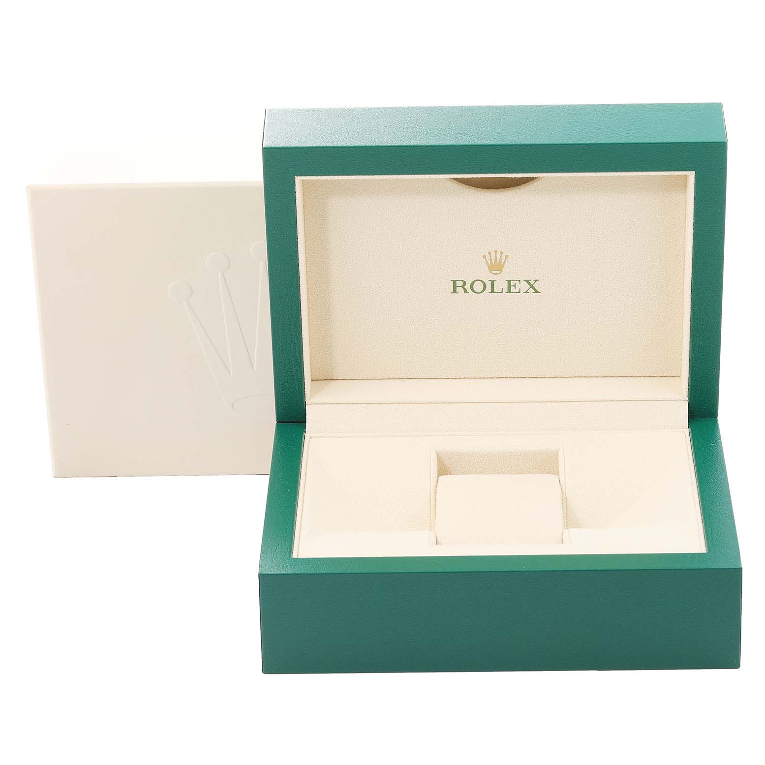 The image shows a green Rolex Yacht-Master 226659 Men's White Gold Black Dial 226659 Men's White Gold Black Dial watch box, open, with "Rolex" and the logo displayed inside.