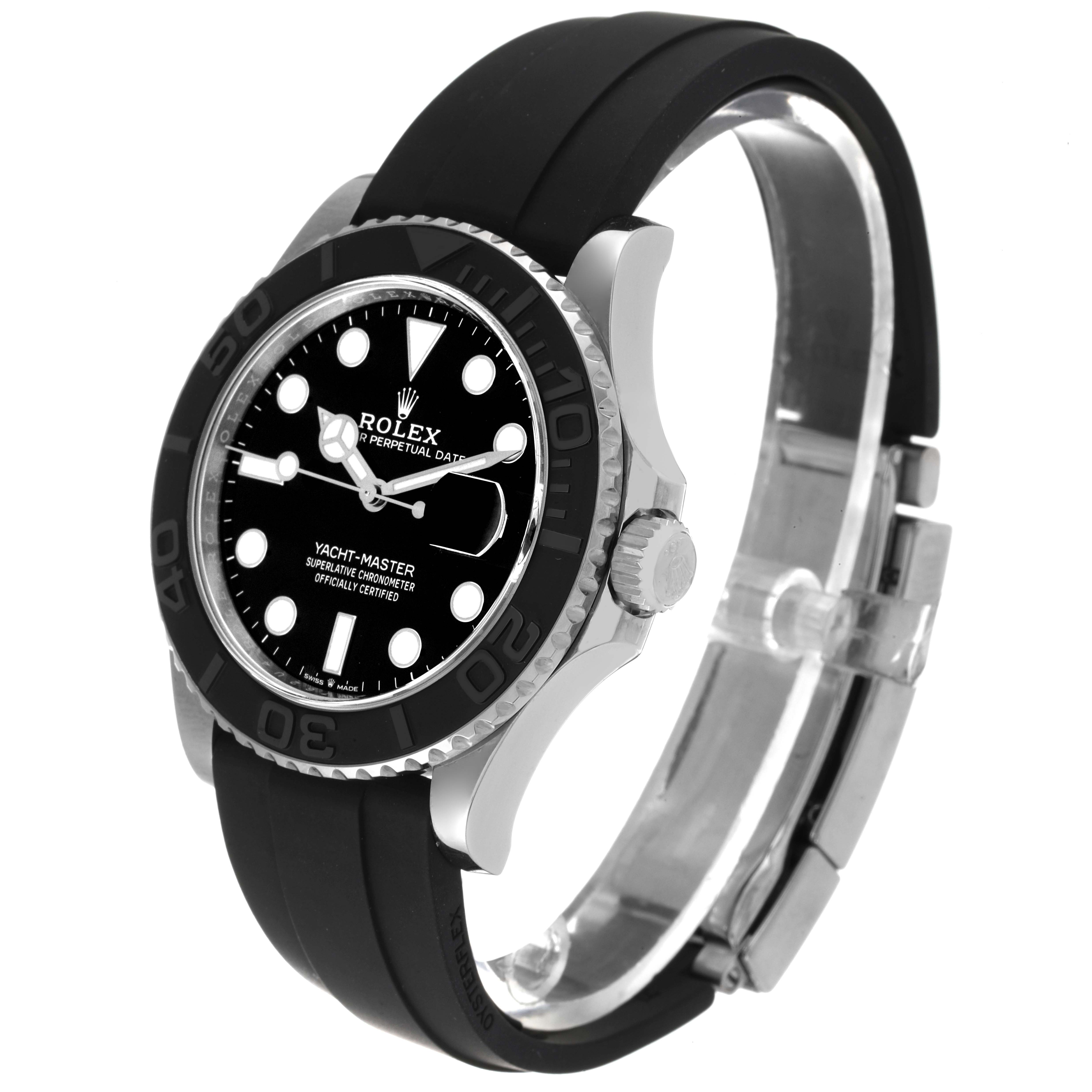 This Rolex Yacht-Master 226659 Men's White Gold Black Dial 226659 Men's White Gold Black Dial watch is shown at a slight angle, displaying the face, bezel, crown, and black rubber strap.