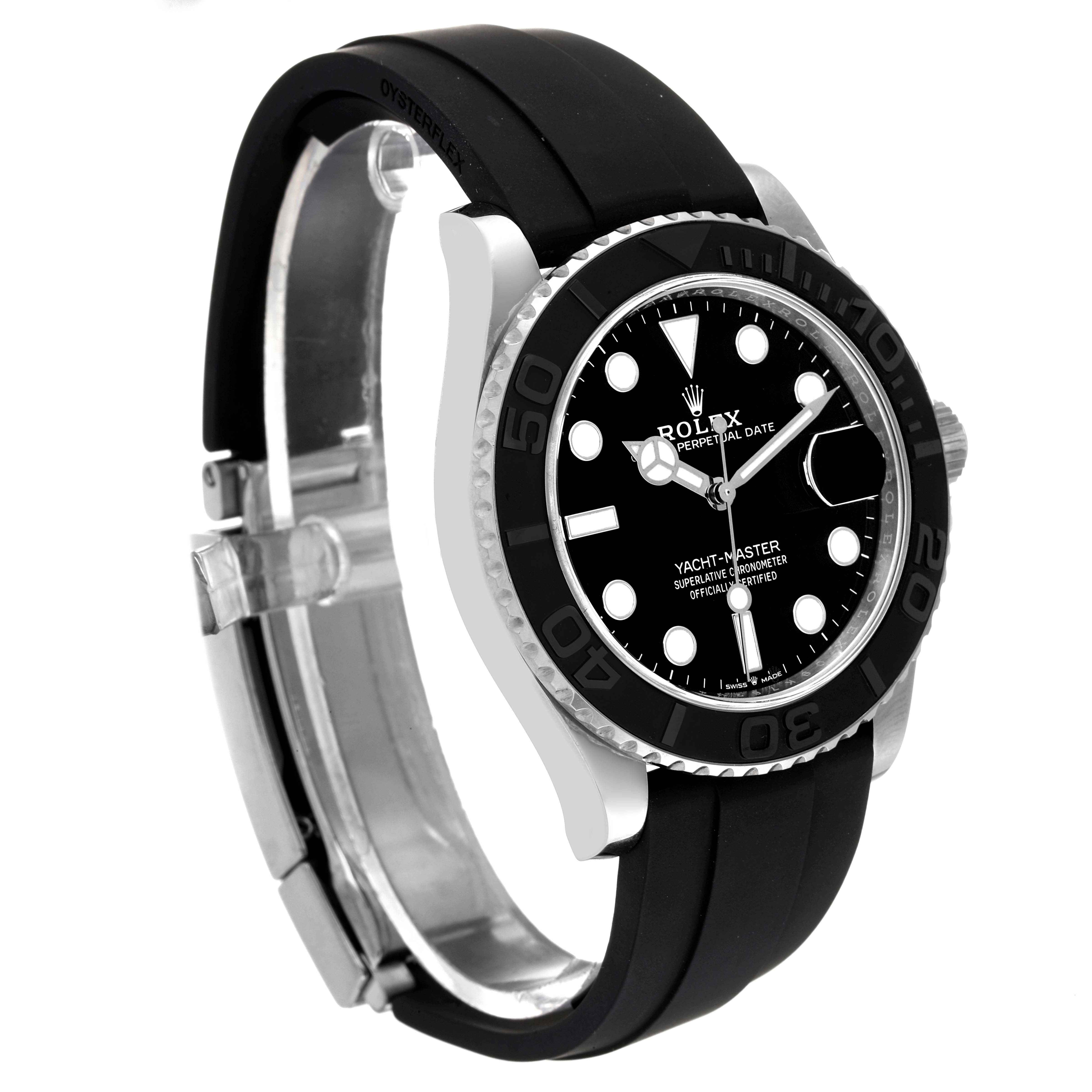 This image shows a Rolex Yacht-Master 226659 Men's White Gold Black Dial 226659 Men's White Gold Black Dial watch with a clear view of the dial, bezel, and rubber strap at a slight angle.