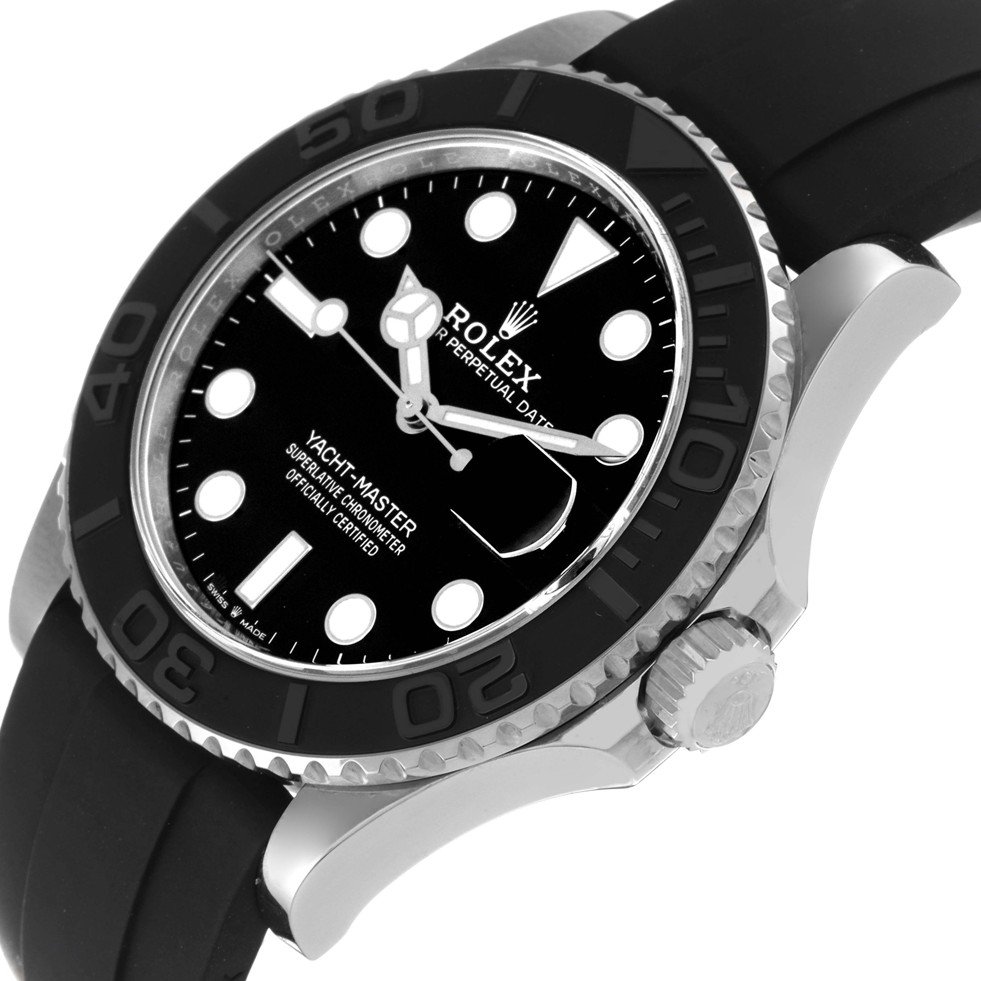 The image shows an angled view of the Rolex Yacht-Master 226659 Men's White Gold Black Dial 226659 Men's White Gold Black Dial watch, highlighting the face, bezel, crown, and part of the strap.