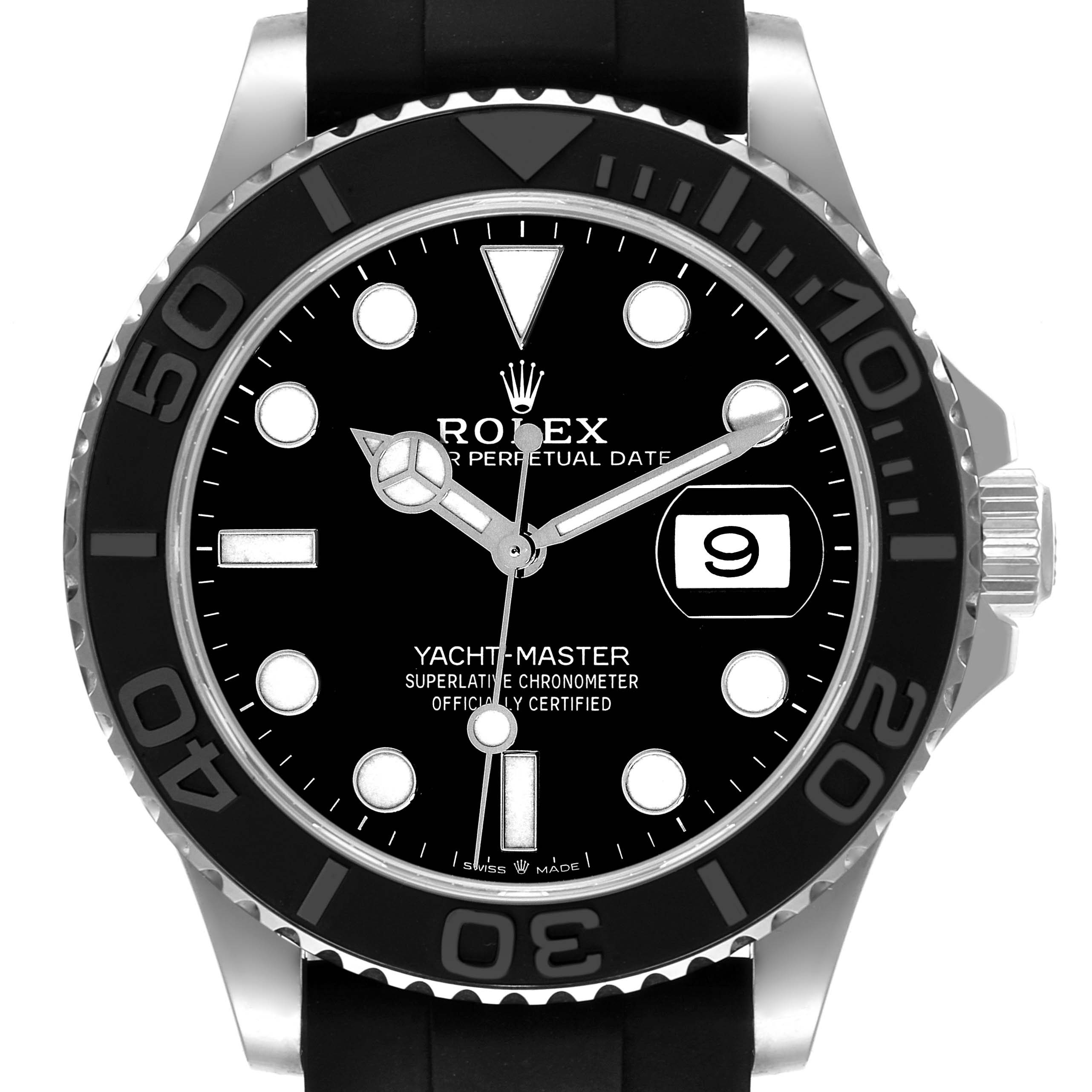 This front view of the Rolex Yacht-Master 226659 Men's White Gold Black Dial 226659 Men's White Gold Black Dial watch shows the dial, hands, bezel, and part of the strap, with the date displayed.
