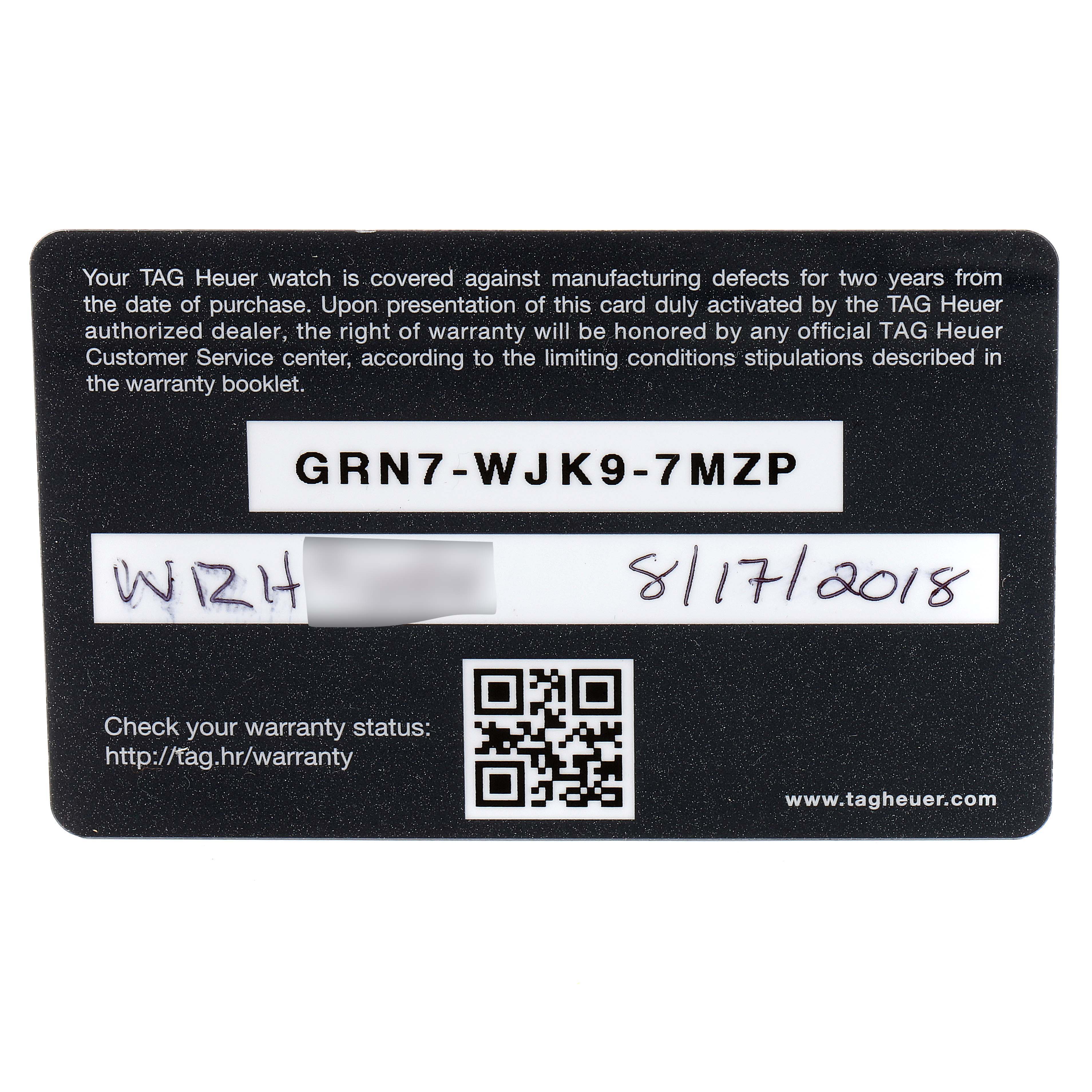 This is a flat, front view of the warranty card for a Tag Heuer Formula 1 WAH1213.BA0861 Women's Stainless Steel White Dial WAH1213.BA0861 Women's Stainless Steel White Dial watch.