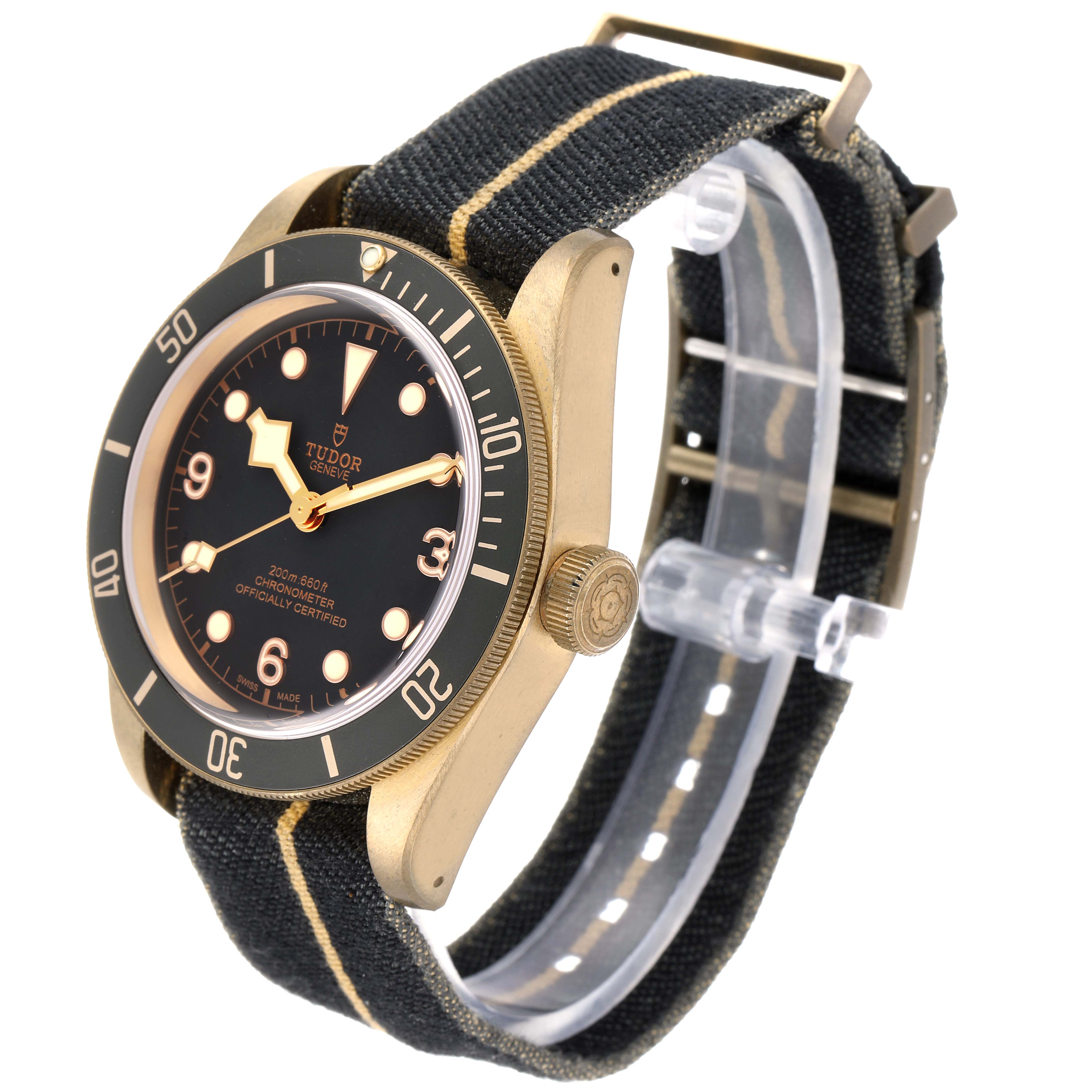The image displays the Tudor Heritage Black Bay 79250BA Men's Bronze Black Dial 79250BA Men's Bronze Black Dial watch at a three-quarter angle, highlighting its dial, bezel, case, and fabric strap.
