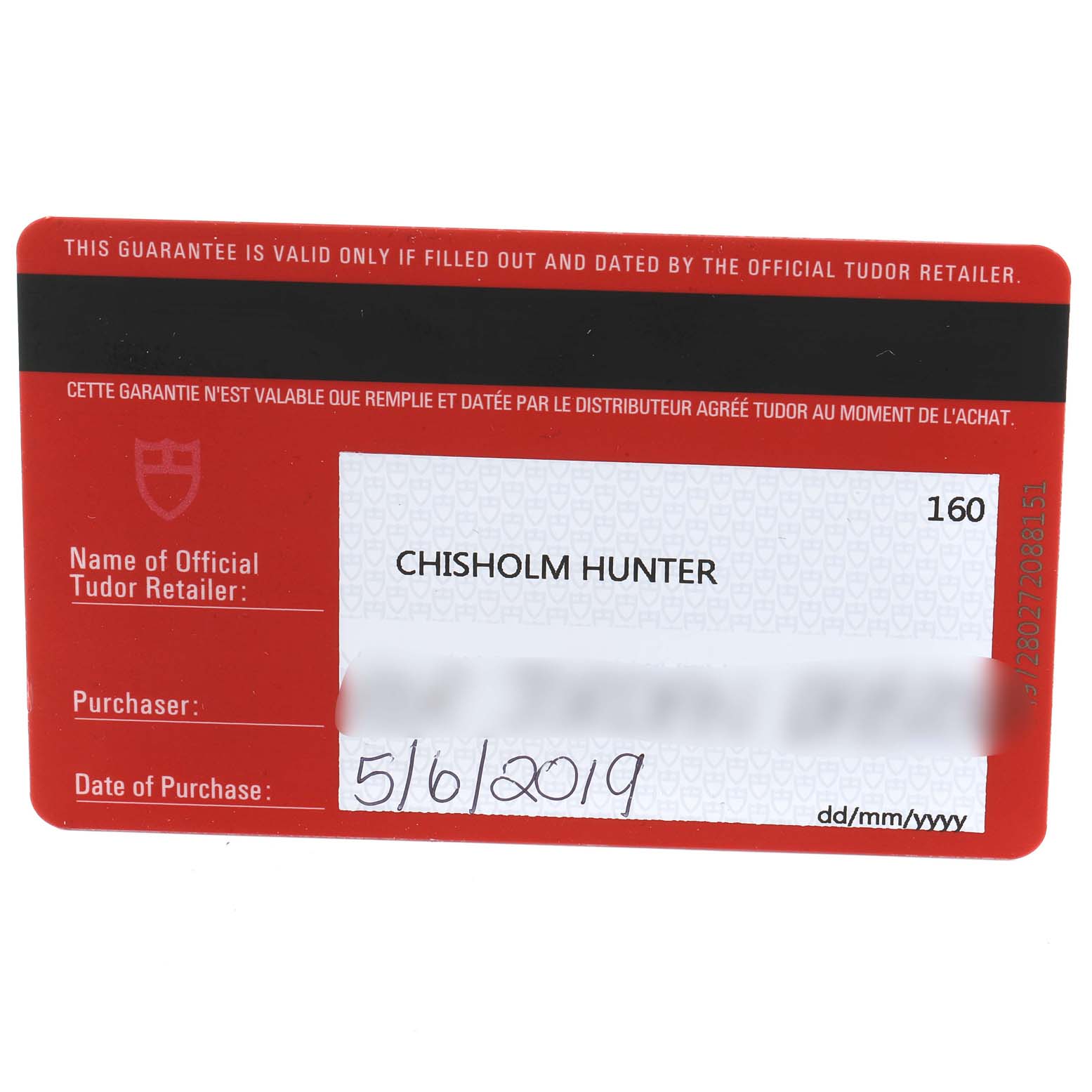 The image shows a warranty card for the Tudor Heritage Black Bay 79250BA Men's Bronze Black Dial 79250BA Men's Bronze Black Dial watch, indicating the retailer, purchaser, and date of purchase.