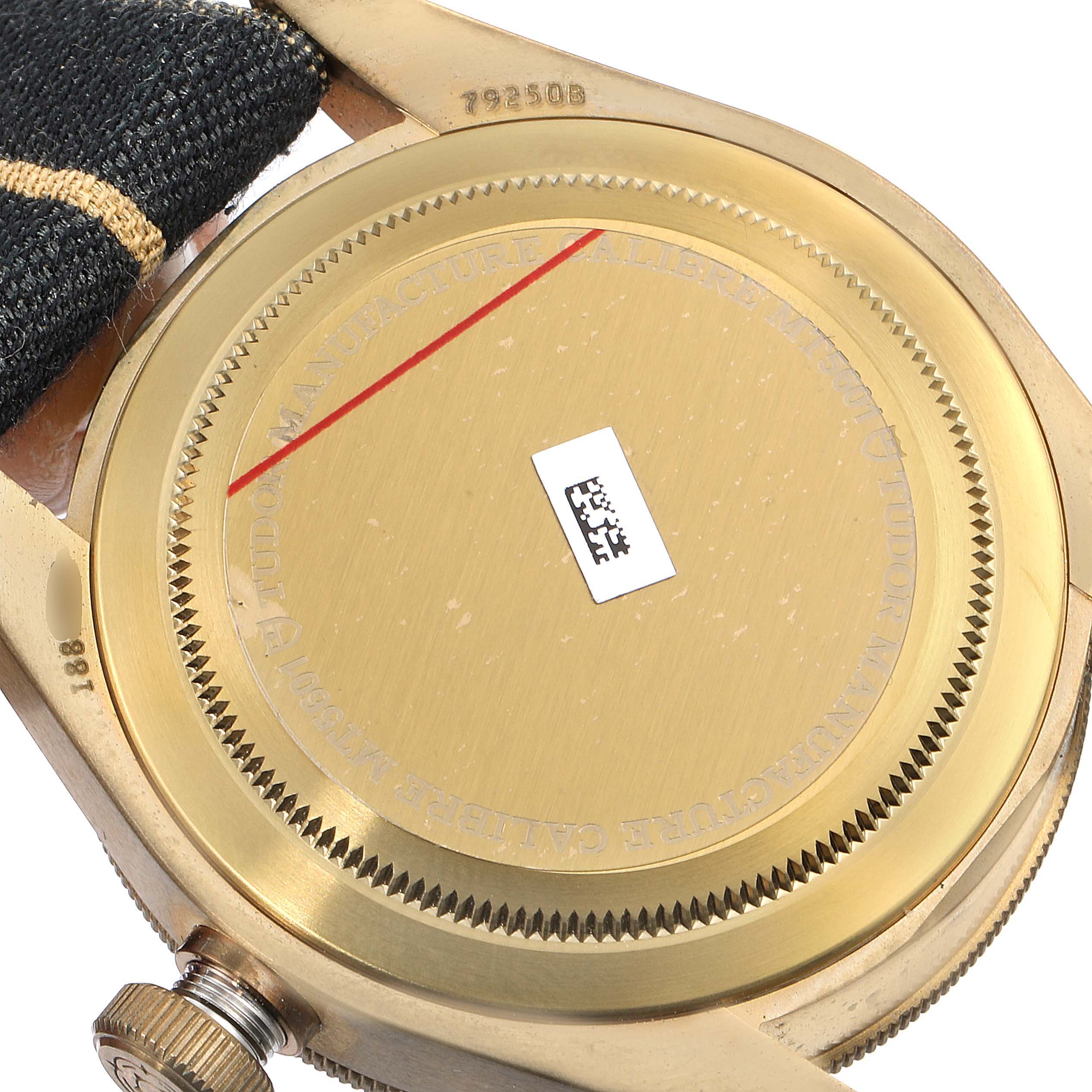 This image shows the case back and part of the crown of the Tudor Heritage Black Bay 79250BA Men's Bronze Black Dial 79250BA Men's Bronze Black Dial watch.