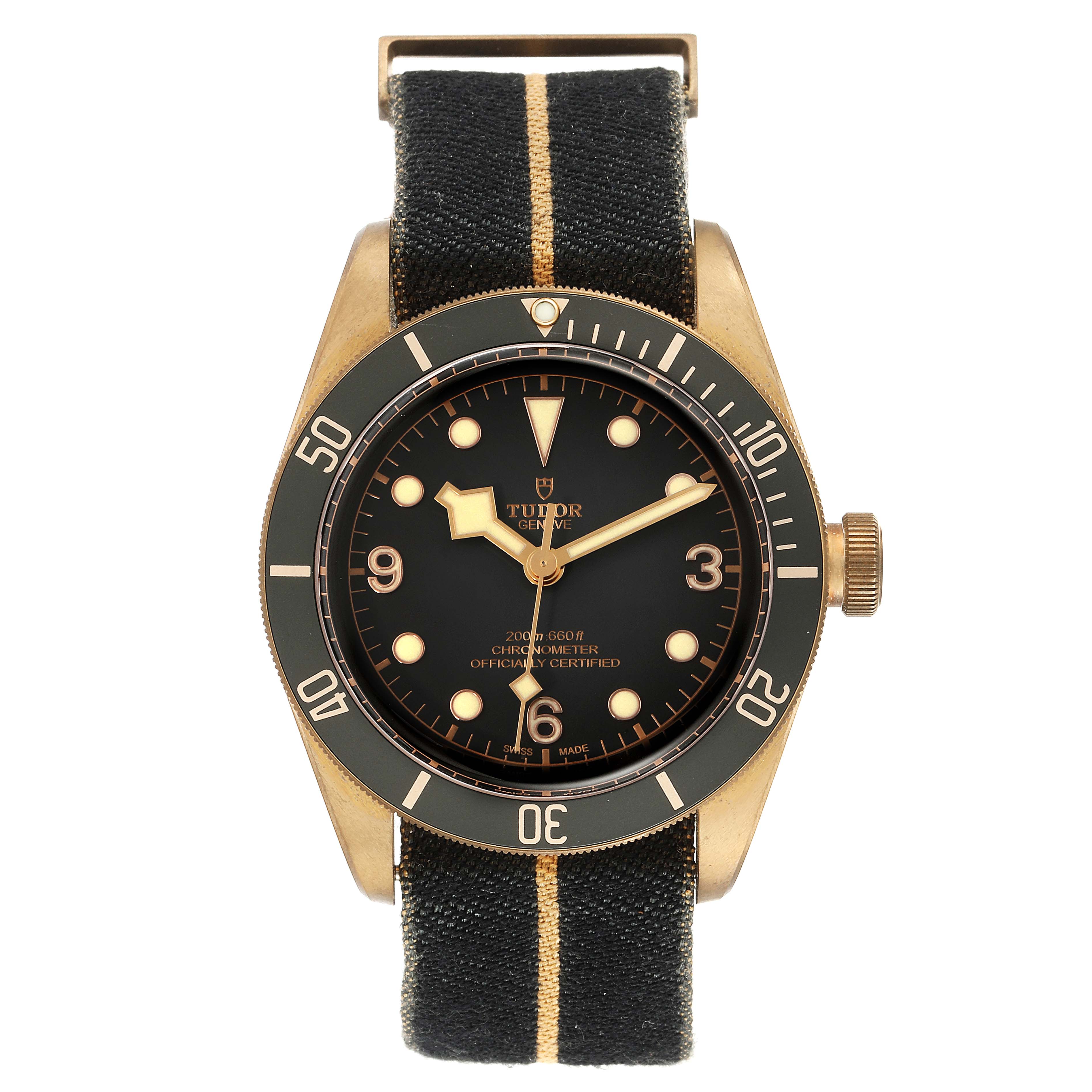 The image shows a front view of the Tudor Heritage Black Bay 79250BA Men's Bronze Black Dial 79250BA Men's Bronze Black Dial watch, featuring its dial, bezel, and fabric strap.