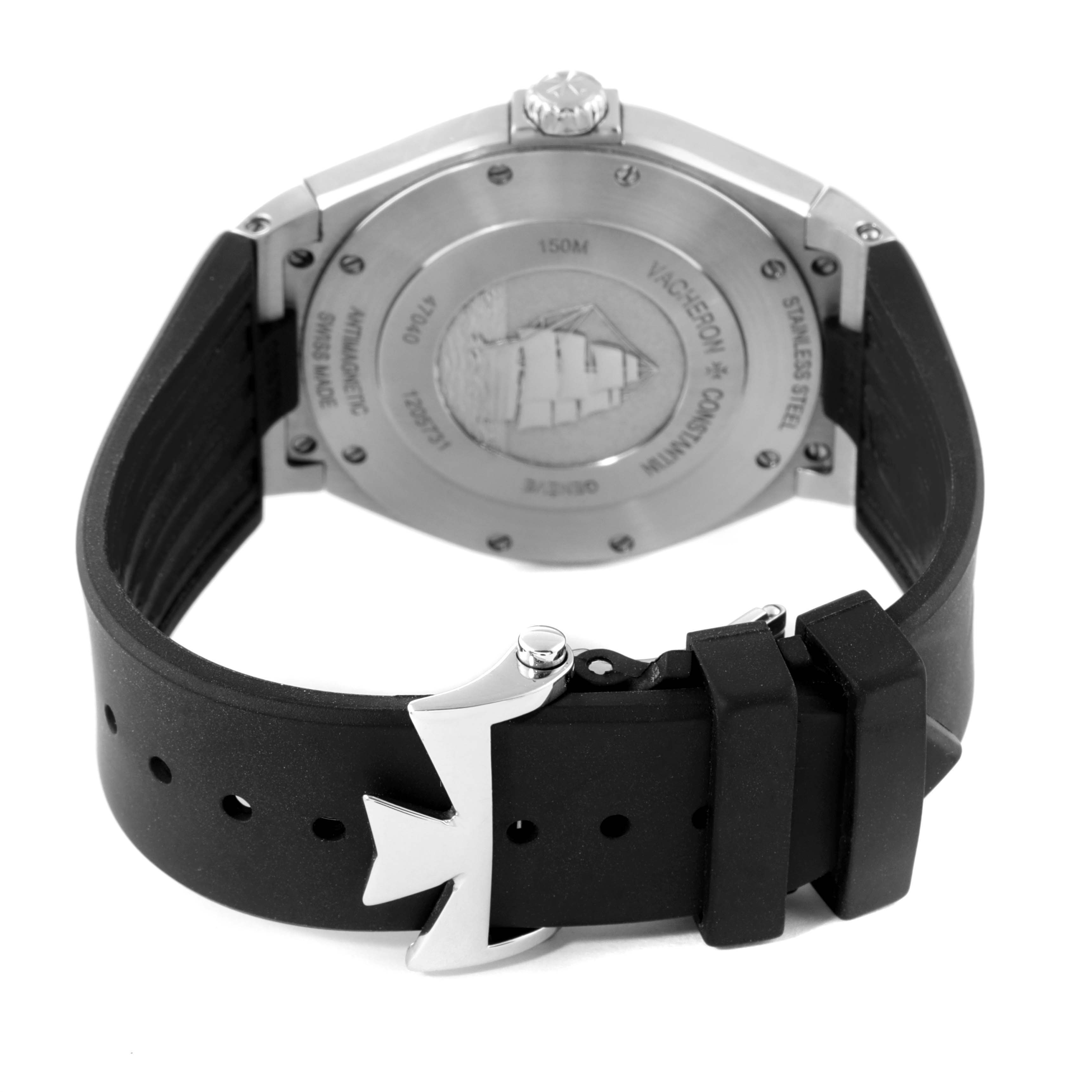The image shows the back view of the Vacheron Constantin Overseas 47040/000W-9500 Men's Stainless Steel Black Dial 47040/000W-9500 Men's Stainless Steel Black Dial watch, highlighting the case back and black rubber strap with buckle.