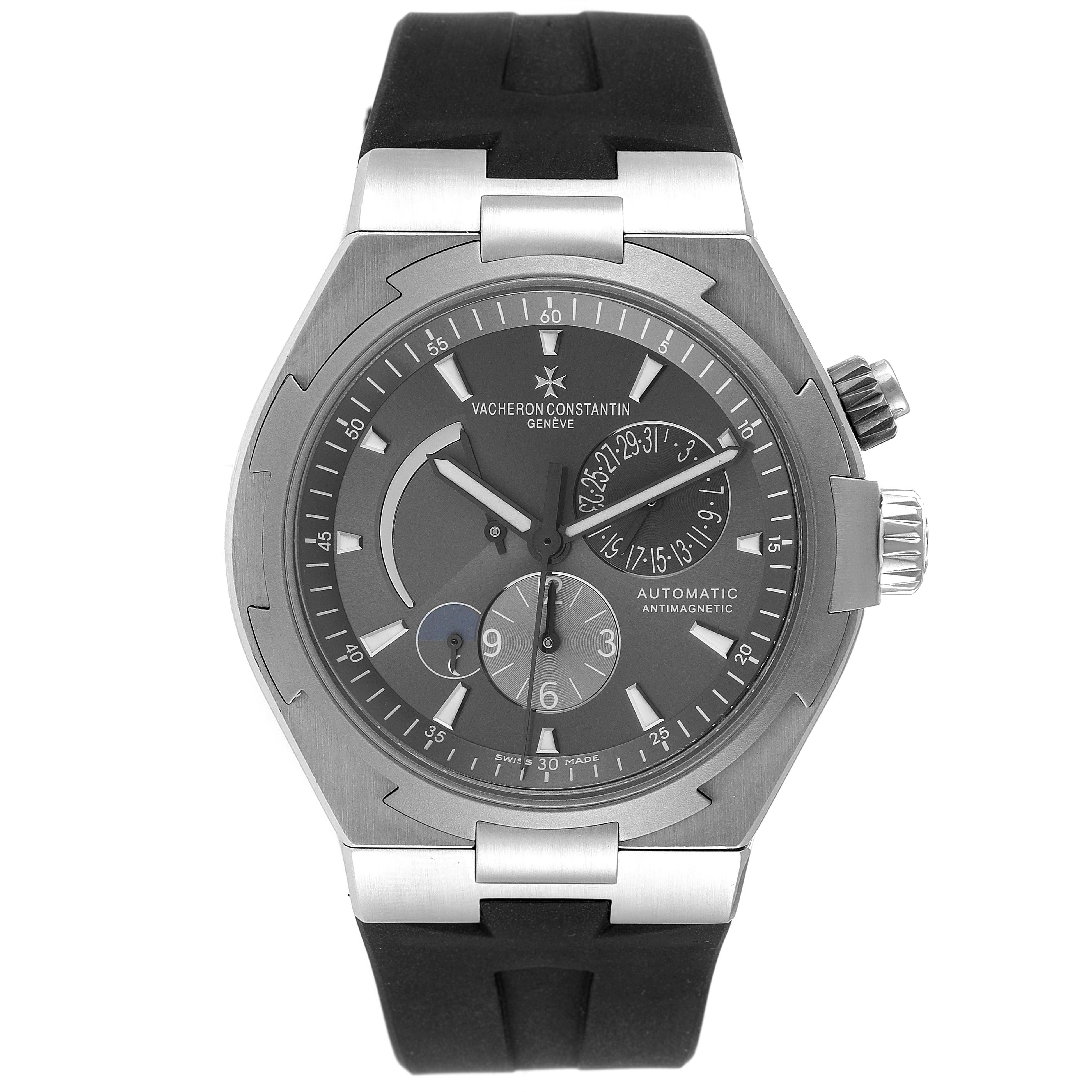 This image shows a front view of the Vacheron Constantin Overseas 47450/000W-9511 Men's Stainless Steel Grey Dial 47450/000W-9511 Men's Stainless Steel Grey Dial watch, highlighting the dial and strap.