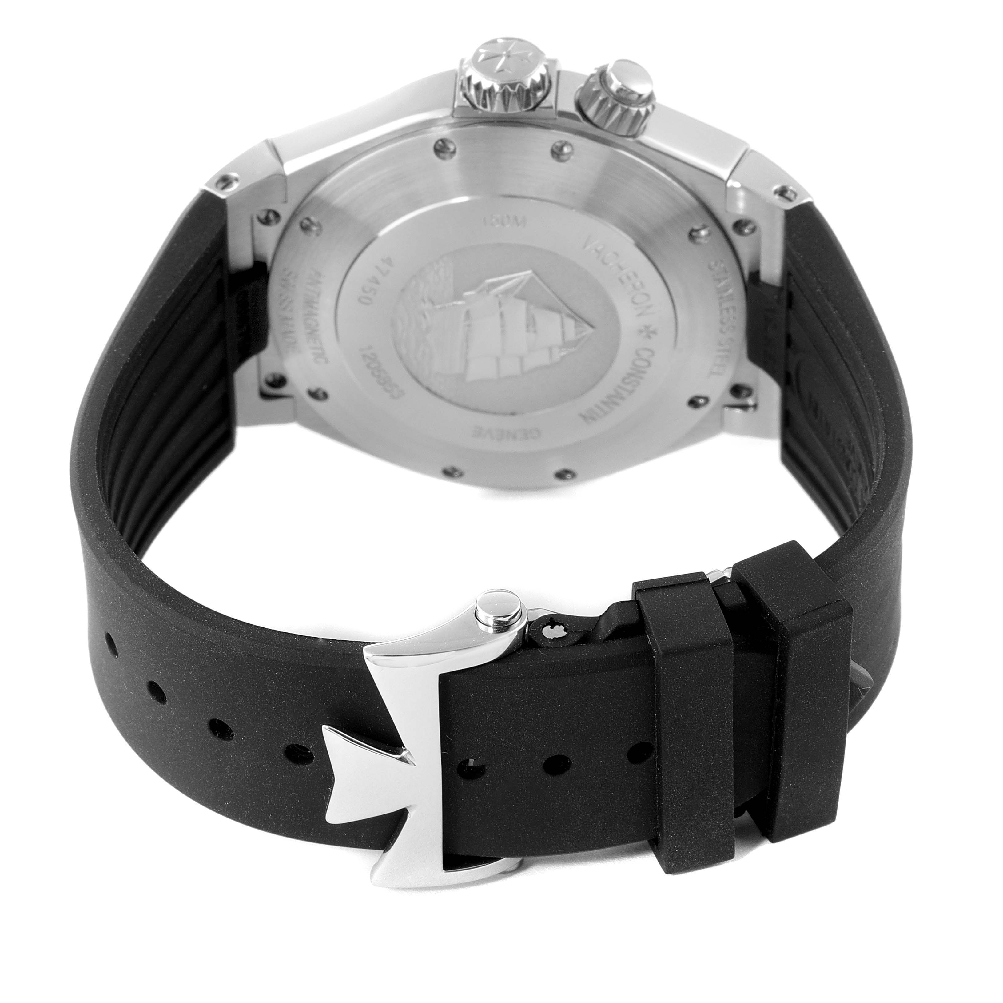 This image shows the back of the Vacheron Constantin Overseas 47450/000W-9511 Men's Stainless Steel Grey Dial 47450/000W-9511 Men's Stainless Steel Grey Dial watch, highlighting the case back, crown, and strap clasp.