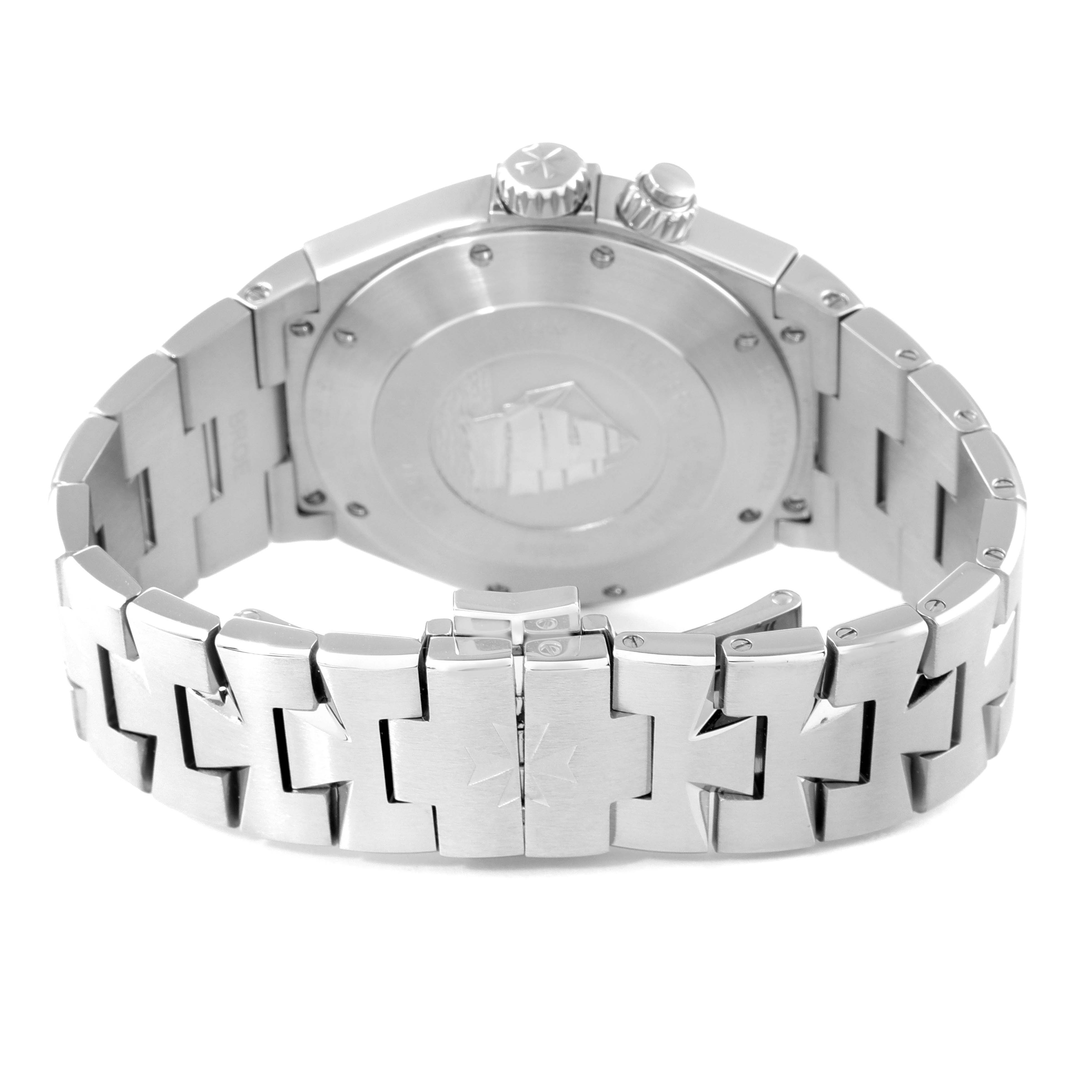 This image shows the back case, bracelet, and clasp of a Vacheron Constantin Overseas 47450/B01A-9226 Men's Stainless Steel Silver Dial 47450/B01A-9226 Men's Stainless Steel Silver Dial model watch.