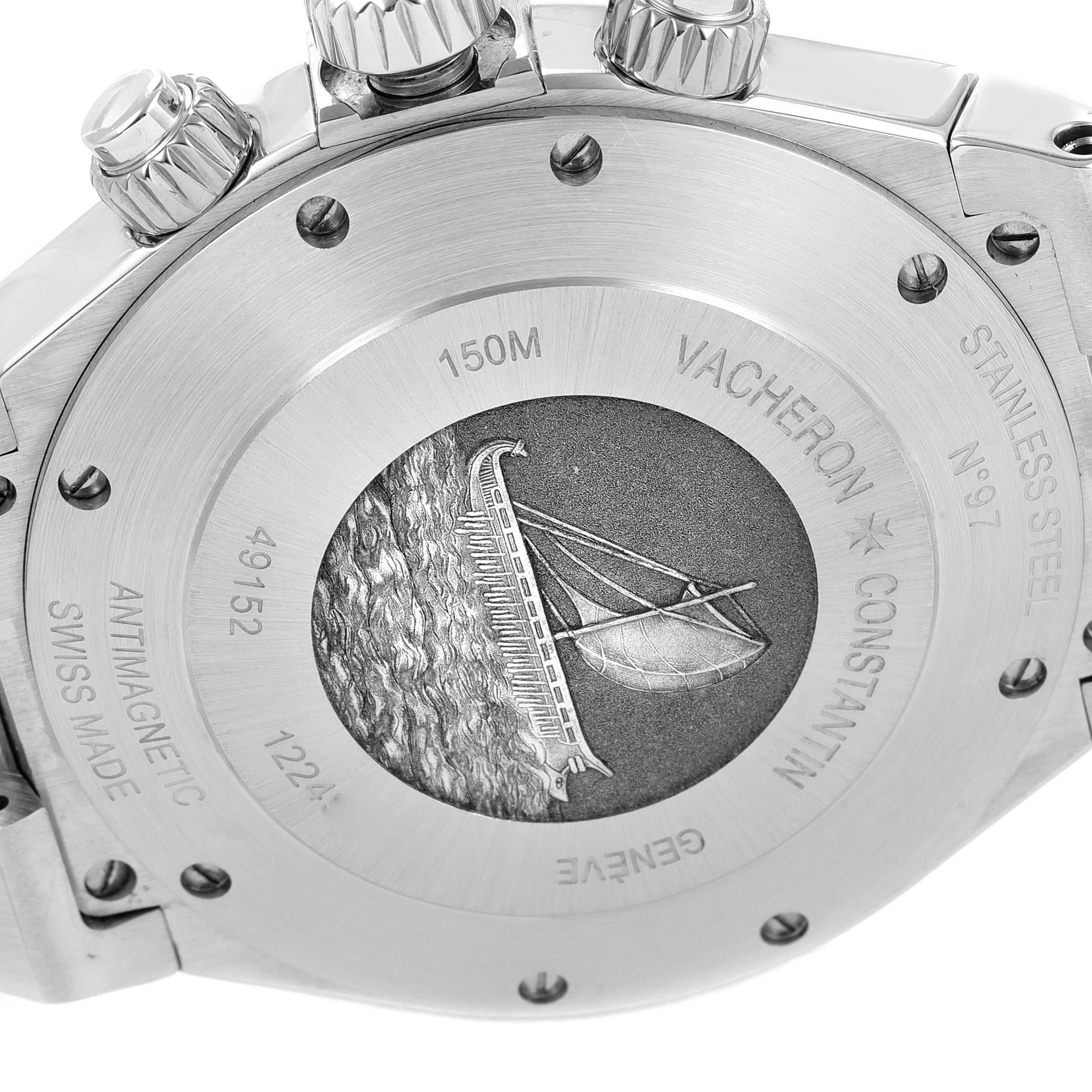 The image shows the back case of a Vacheron Constantin Overseas 49152/000A-9540 Men's Stainless Steel Blue Dial 49152/000A-9540 Men's Stainless Steel Blue Dial model, focusing on its engravings and screws.