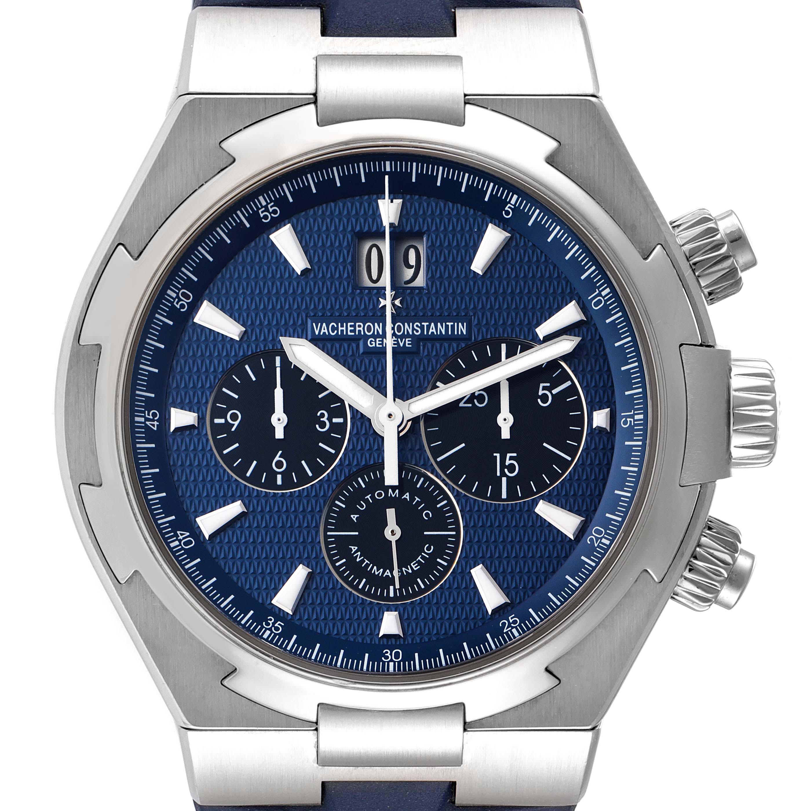 This image shows a close-up of the dial and case of a Vacheron Constantin Overseas 49152/000A-9540 Men's Stainless Steel Blue Dial 49152/000A-9540 Men's Stainless Steel Blue Dial watch, highlighting its blue face, chronograph subdials, and crown.