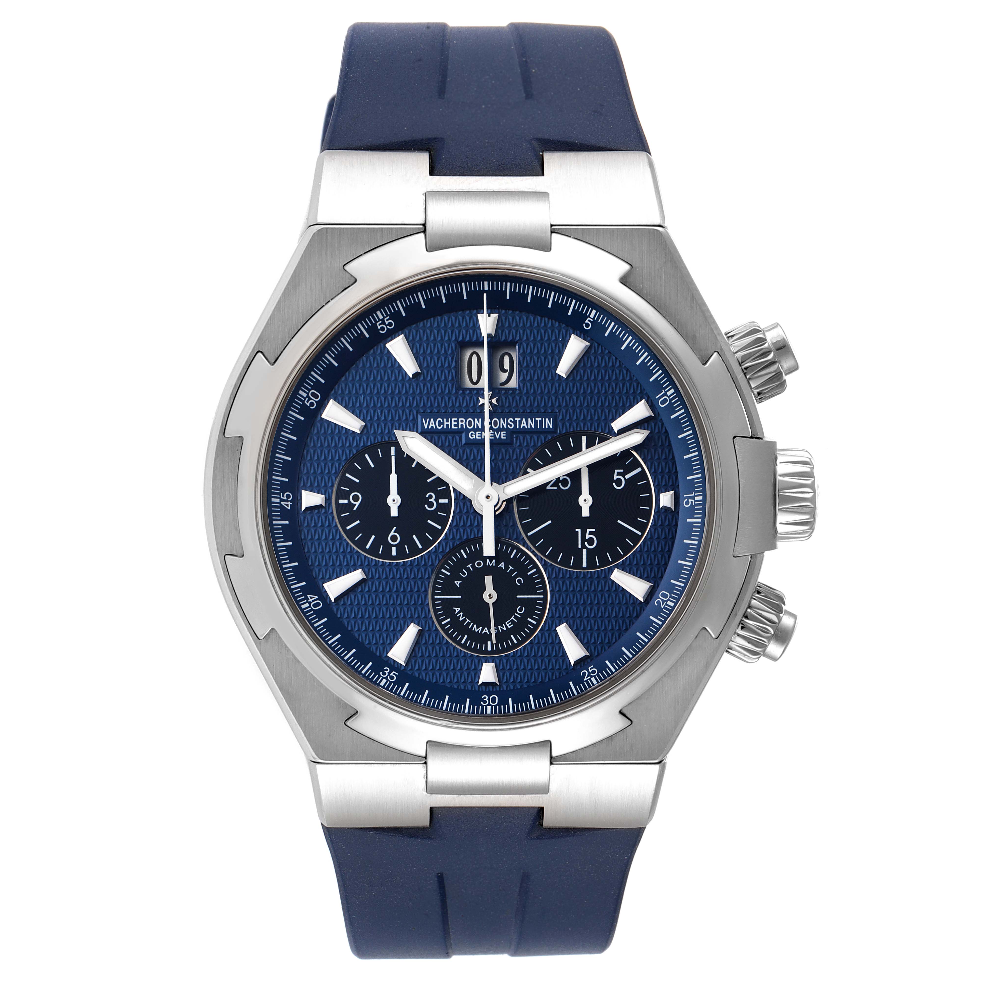 The image shows a Vacheron Constantin Overseas 49152/000A-9540 Men's Stainless Steel Blue Dial 49152/000A-9540 Men's Stainless Steel Blue Dial watch from a front angle, displaying the face, chronograph dials, and crown.