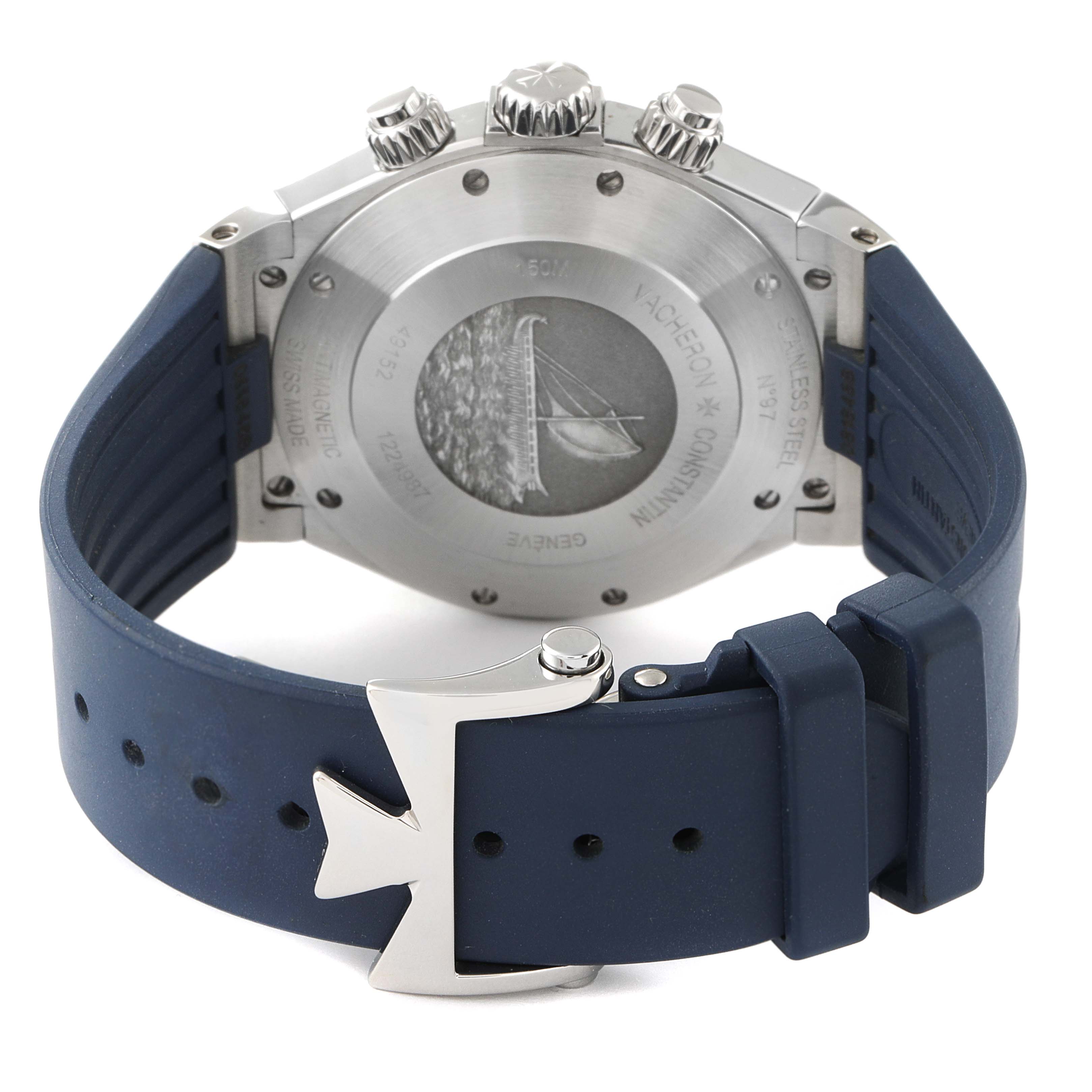 This image shows the back case and blue strap of a Vacheron Constantin Overseas 49152/000A-9540 Men's Stainless Steel Blue Dial 49152/000A-9540 Men's Stainless Steel Blue Dial watch.