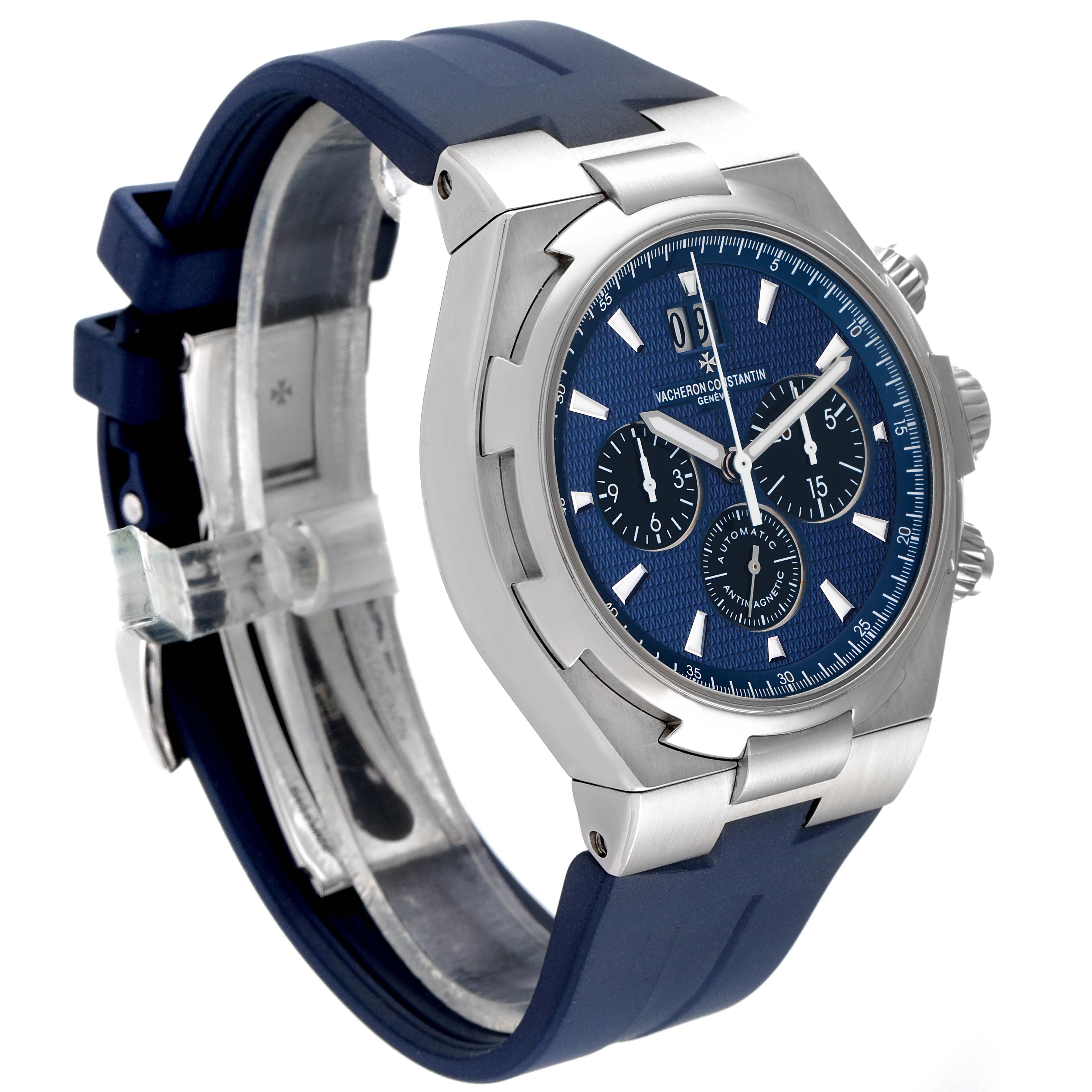 The Vacheron Constantin Overseas 49152/000A-9540 Men's Stainless Steel Blue Dial 49152/000A-9540 Men's Stainless Steel Blue Dial watch is shown at a three-quarter angle, highlighting its blue dial, stainless steel case, and rubber strap.