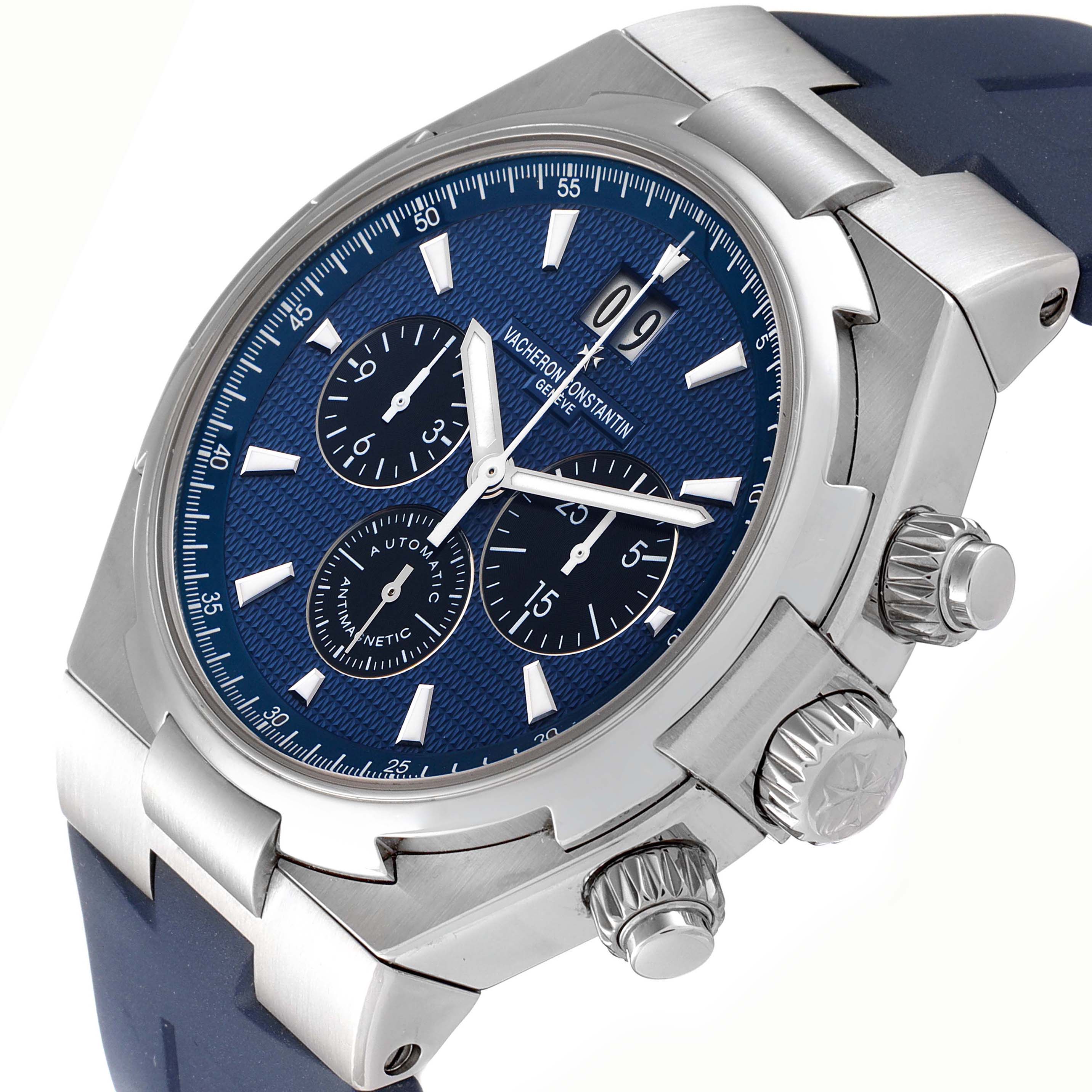 The Vacheron Constantin Overseas 49152/000A-9540 Men's Stainless Steel Blue Dial 49152/000A-9540 Men's Stainless Steel Blue Dial watch is shown at a three-quarter angle, highlighting the dial, case, pushers, and blue strap.