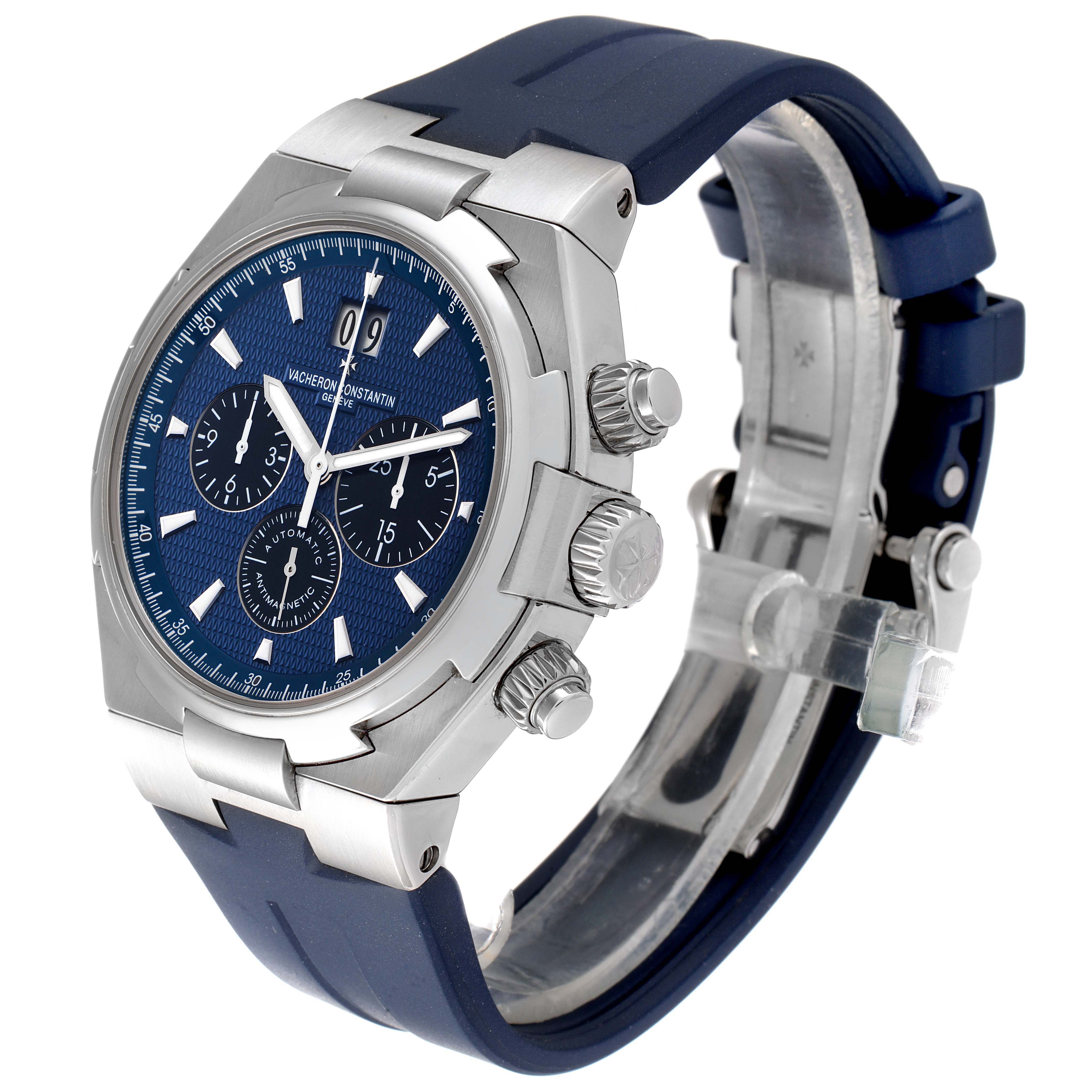 The Vacheron Constantin Overseas 49152/000A-9540 Men's Stainless Steel Blue Dial 49152/000A-9540 Men's Stainless Steel Blue Dial watch is shown at a three-quarter angle, highlighting the blue dial, chronograph dials, and pushers.