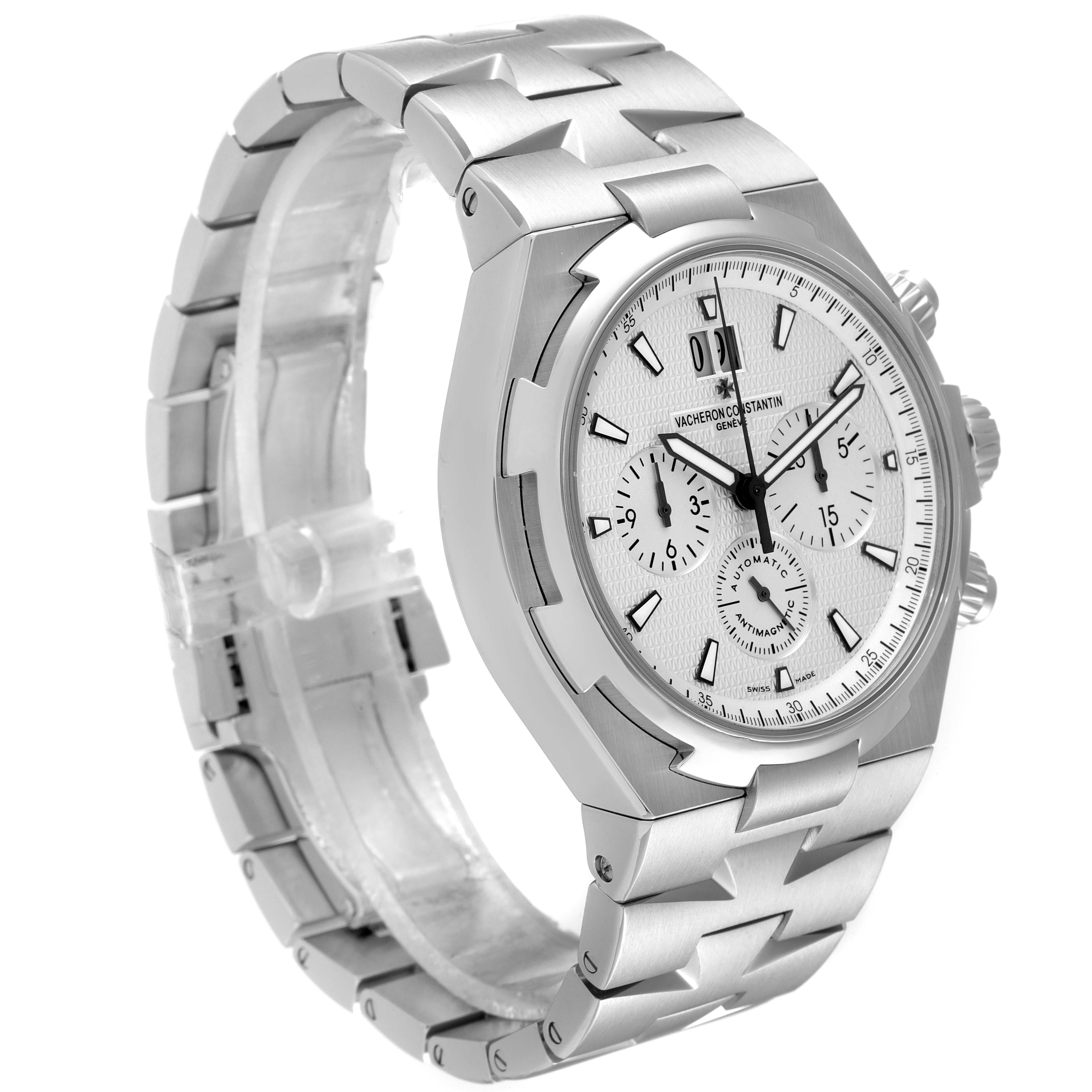 The image shows a side view of the Vacheron Constantin Overseas 49150/B01A-9095 Men's Stainless Steel Silver Dial 49150/B01A-9095 Men's Stainless Steel Silver Dial watch with a metal bracelet and chronograph dial.