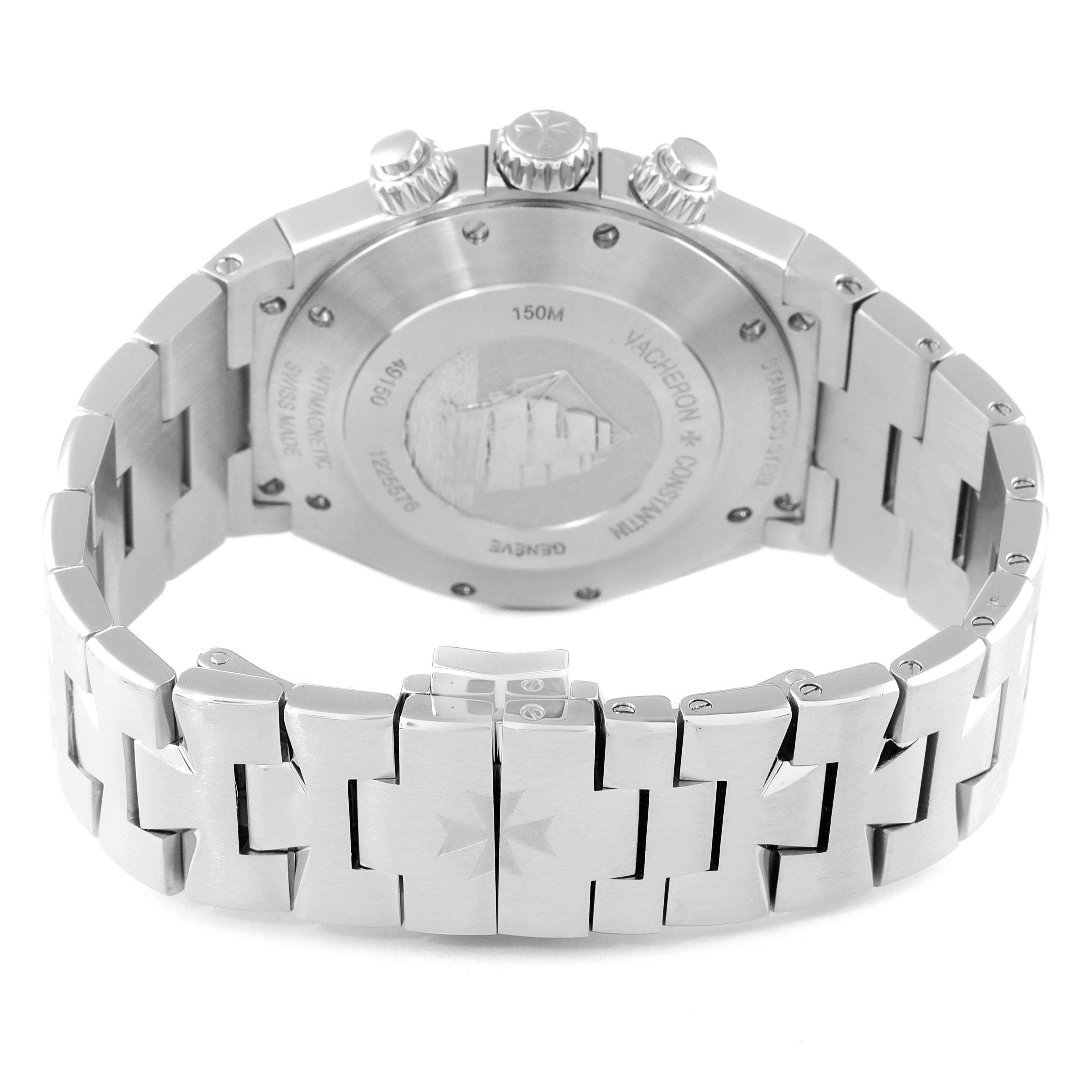 The image shows the back view of the Vacheron Constantin Overseas 49150/B01A-9095 Men's Stainless Steel Silver Dial 49150/B01A-9095 Men's Stainless Steel Silver Dial watch, highlighting the case back, lugs, crown, and stainless steel bracelet.