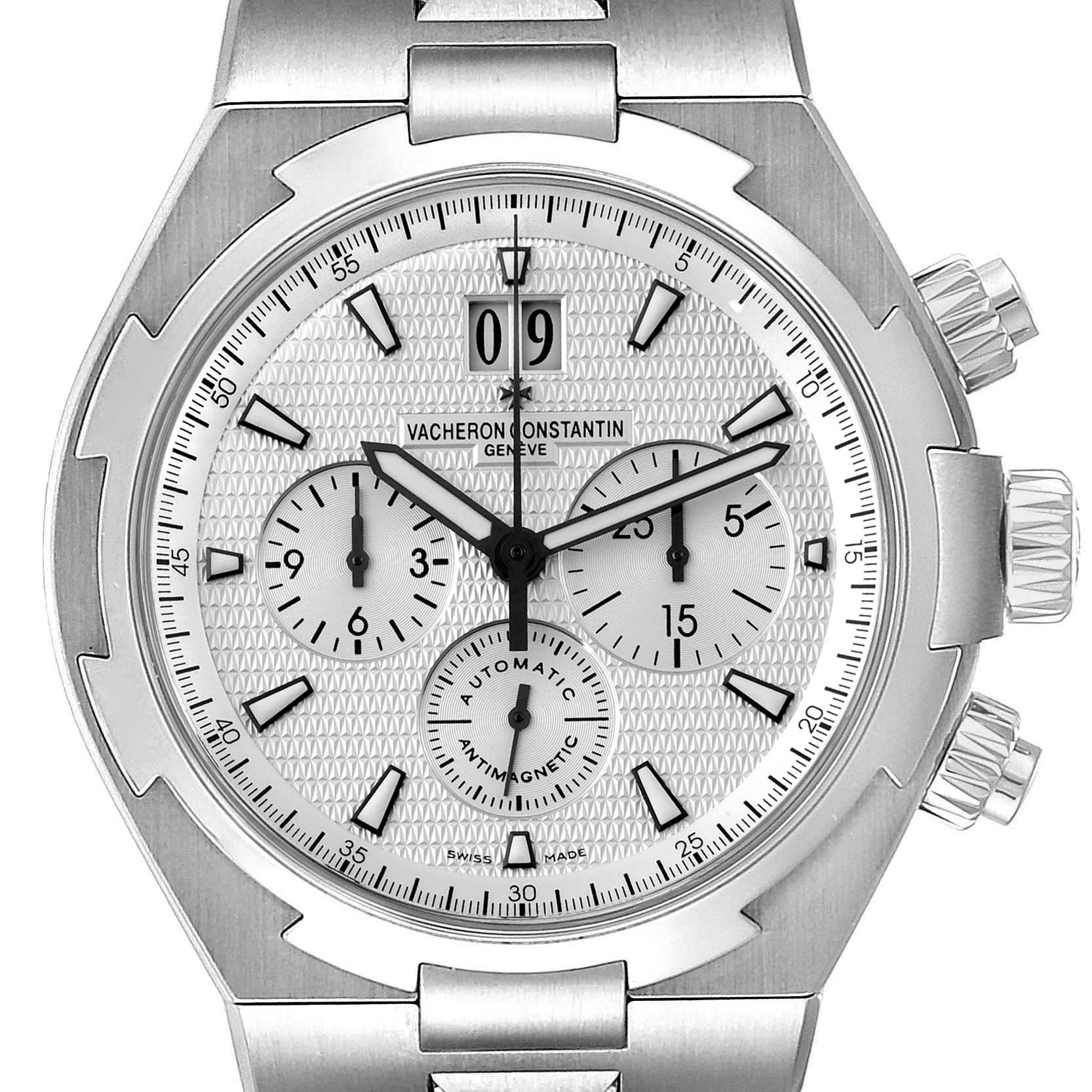 The image shows a front view of the Vacheron Constantin Overseas 49150/B01A-9095 Men's Stainless Steel Silver Dial 49150/B01A-9095 Men's Stainless Steel Silver Dial model, highlighting the dial, subdials, hands, and crown.