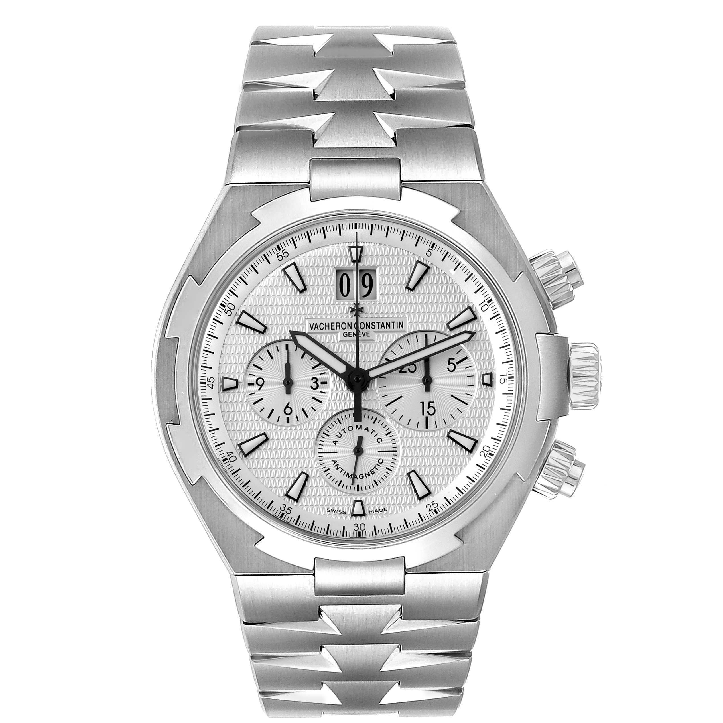 The image shows a front view of the Vacheron Constantin Overseas 49150/B01A-9095 Men's Stainless Steel Silver Dial 49150/B01A-9095 Men's Stainless Steel Silver Dial watch, highlighting its face, dials, and bracelet.