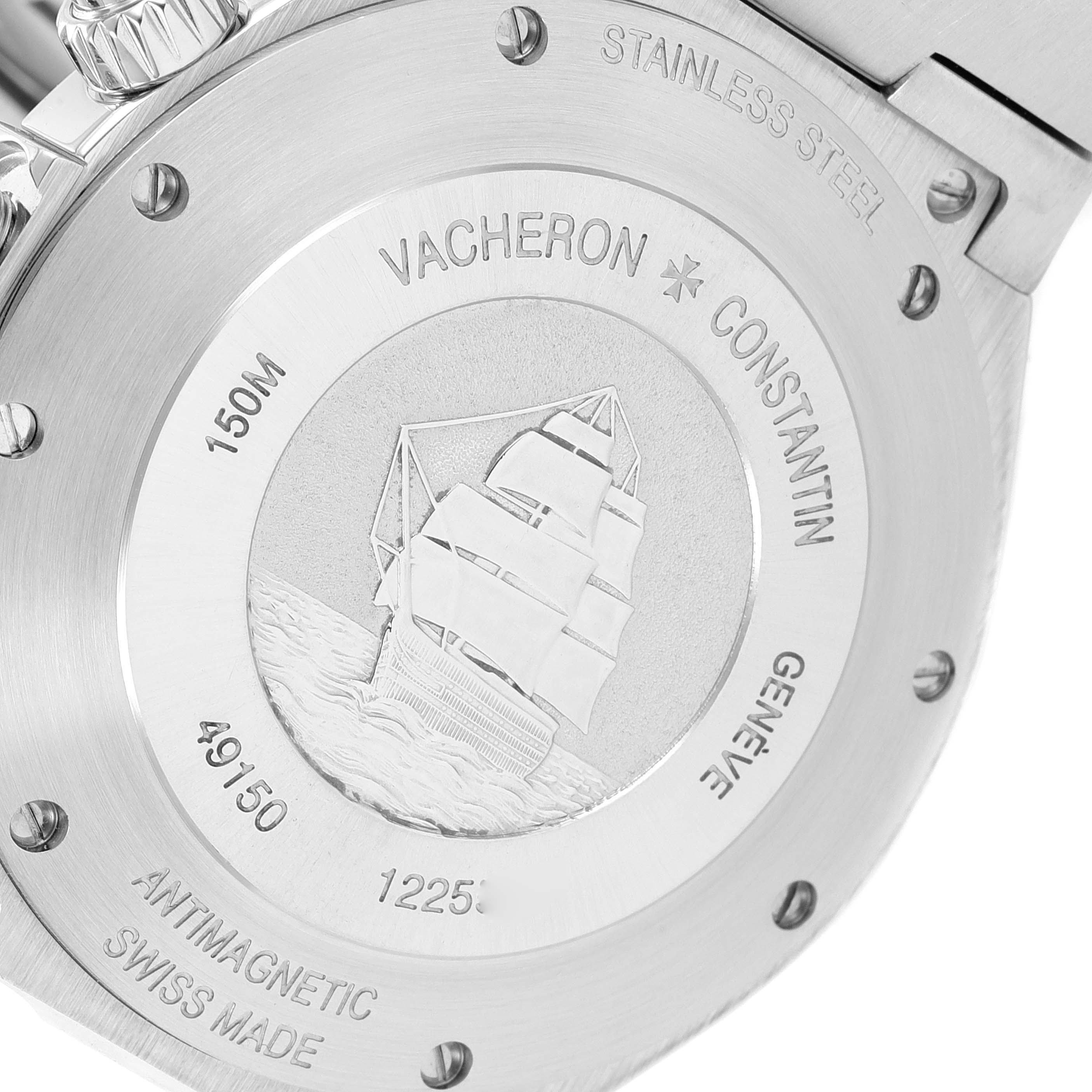 This image shows the back case of the Vacheron Constantin Overseas 49150/B01A-9095 Men's Stainless Steel Silver Dial 49150/B01A-9095 Men's Stainless Steel Silver Dial watch, featuring an embossed ship design and various engravings.