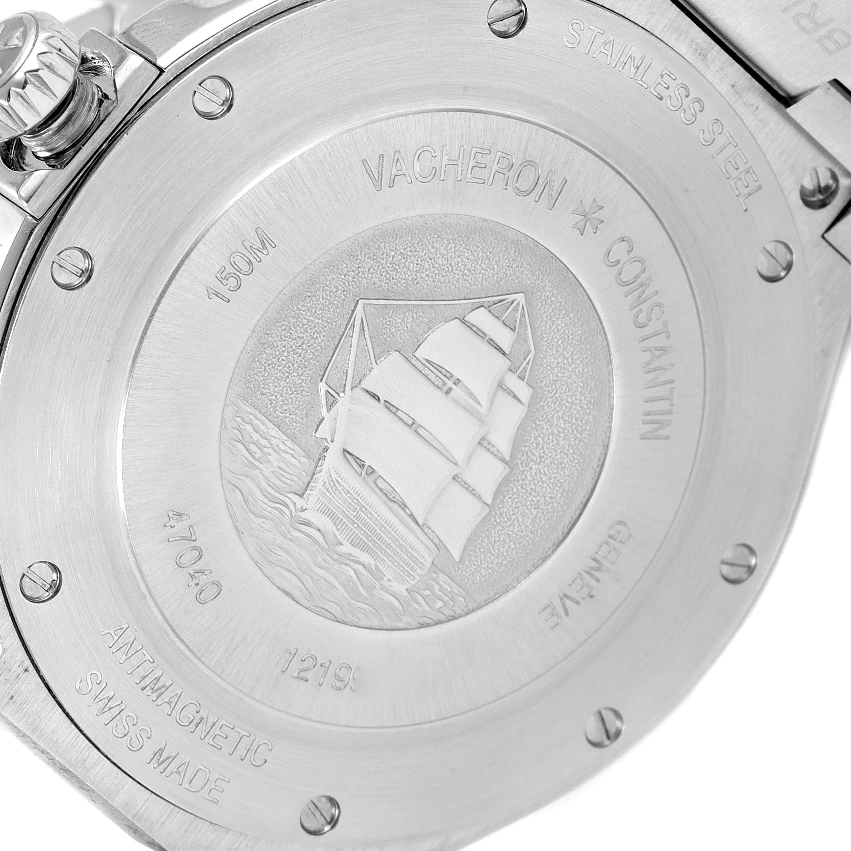 The image shows the stainless steel case back of the Vacheron Constantin Overseas 47040B01A-9093 Men's Stainless Steel Silver Dial 47040B01A-9093 Men's Stainless Steel Silver Dial model, featuring an engraved ship.