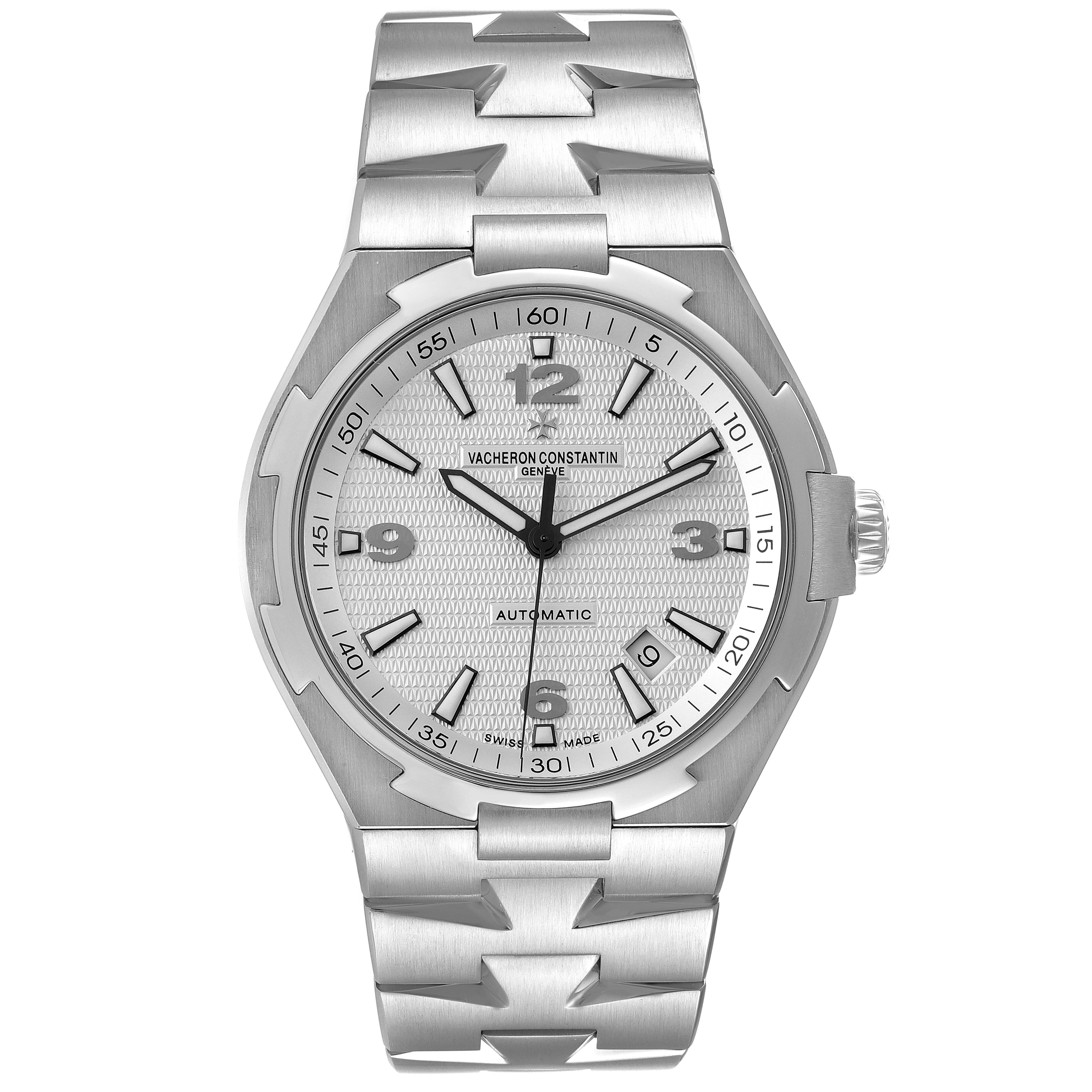This image shows a front view of the Vacheron Constantin Overseas 47040B01A-9093 Men's Stainless Steel Silver Dial 47040B01A-9093 Men's Stainless Steel Silver Dial model watch, displaying its dial, bracelet, and crown.