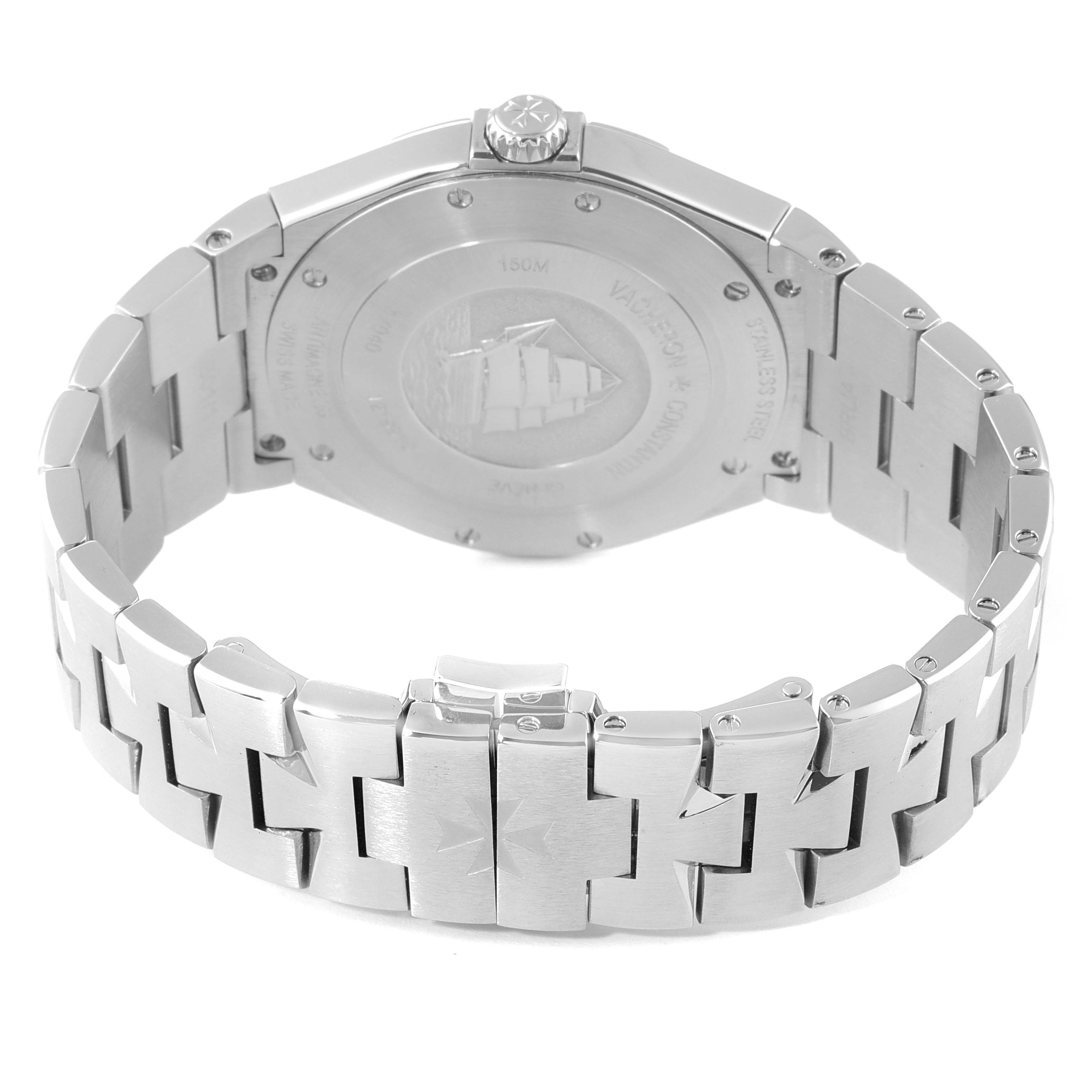 The image shows the back case and stainless steel bracelet of the Vacheron Constantin Overseas 47040B01A-9093 Men's Stainless Steel Silver Dial 47040B01A-9093 Men's Stainless Steel Silver Dial model watch.
