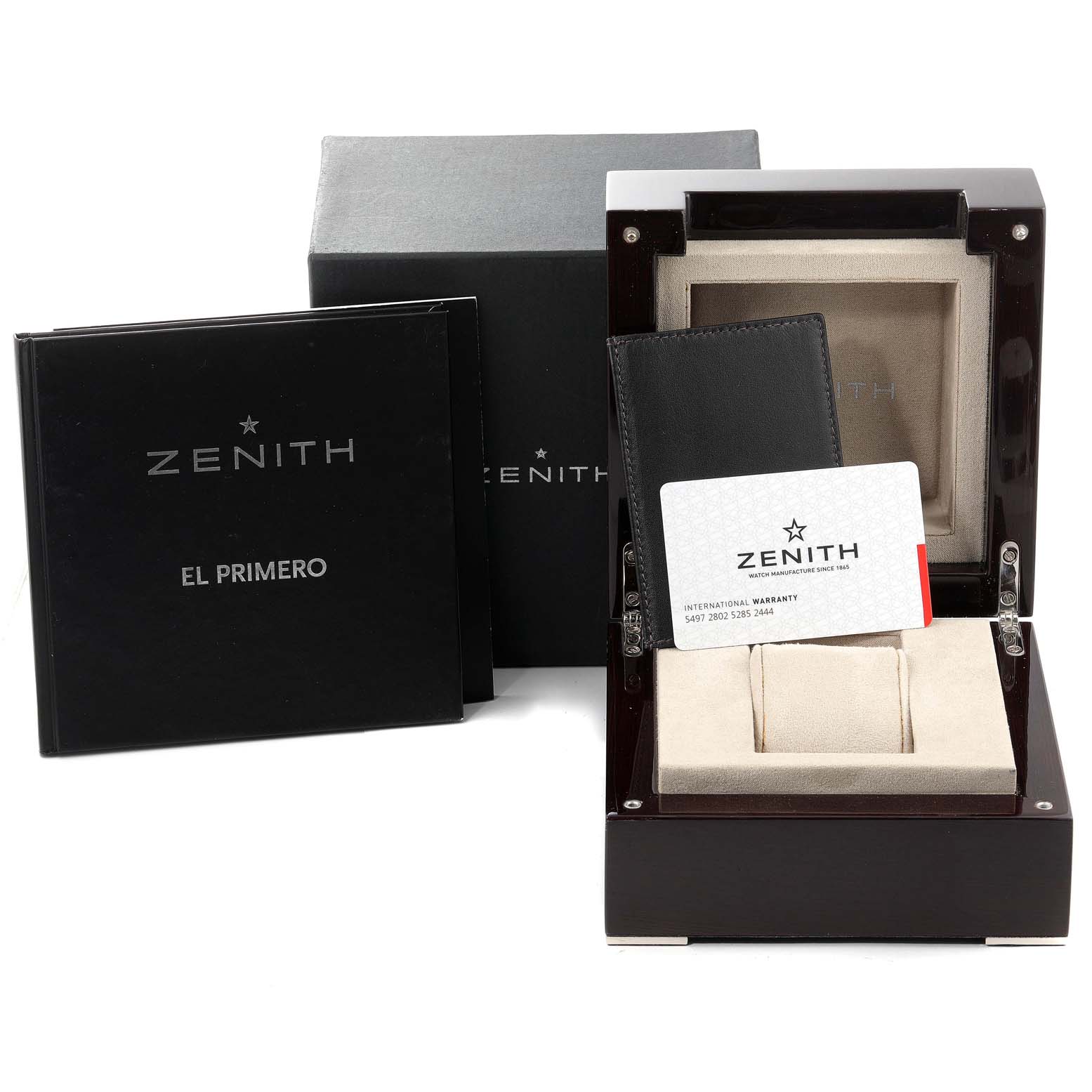 The image shows a Zenith El Primero 18.2040.400/02.C494 Men's Rose Gold Silver Dial 18.2040.400/02.C494 Men's Rose Gold Silver Dial watch box, manual, warranty card, and cardholder from a frontal angle.