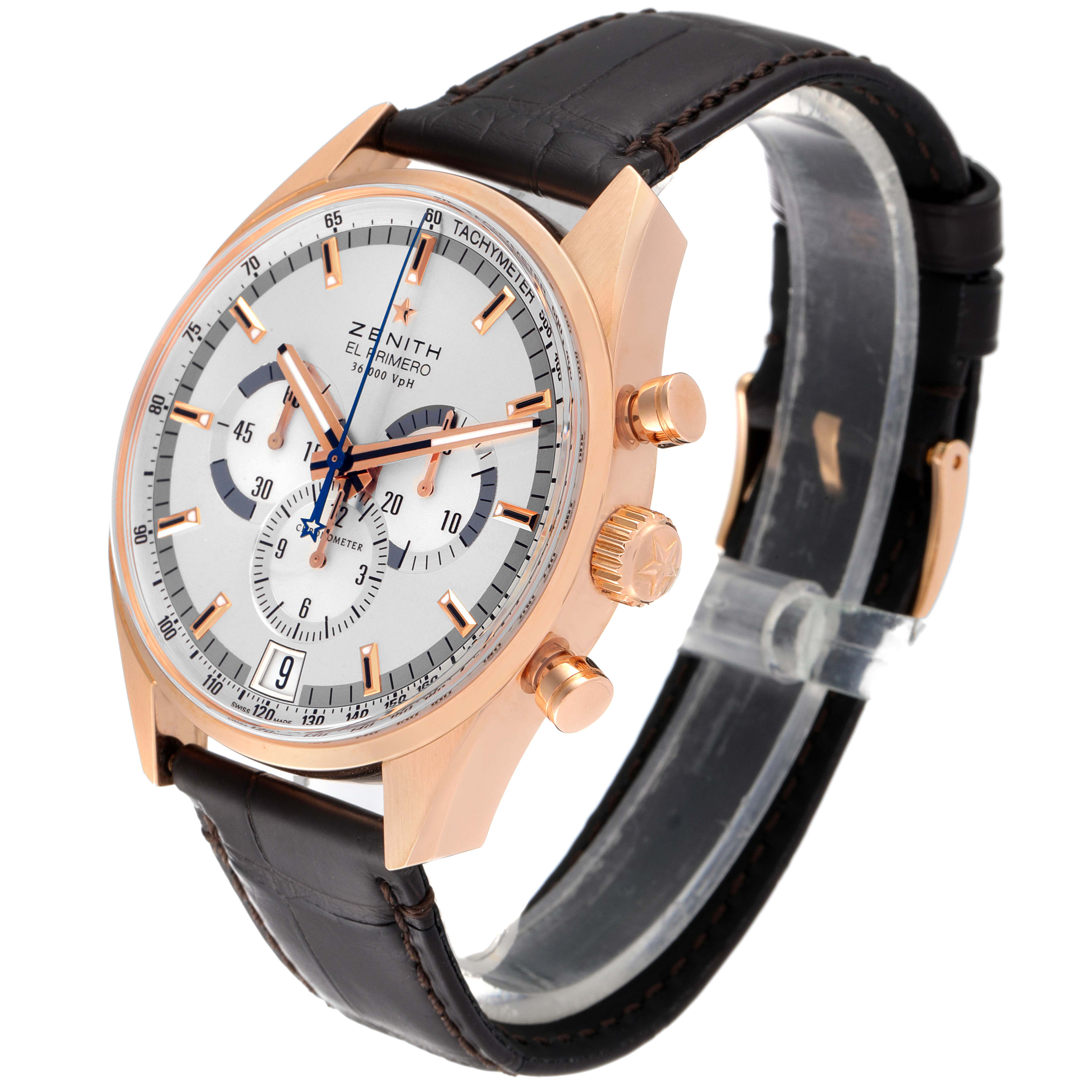 The Zenith El Primero 18.2040.400/02.C494 Men's Rose Gold Silver Dial 18.2040.400/02.C494 Men's Rose Gold Silver Dial model is shown at an angled view, displaying the face, crown, pushers, and leather strap.