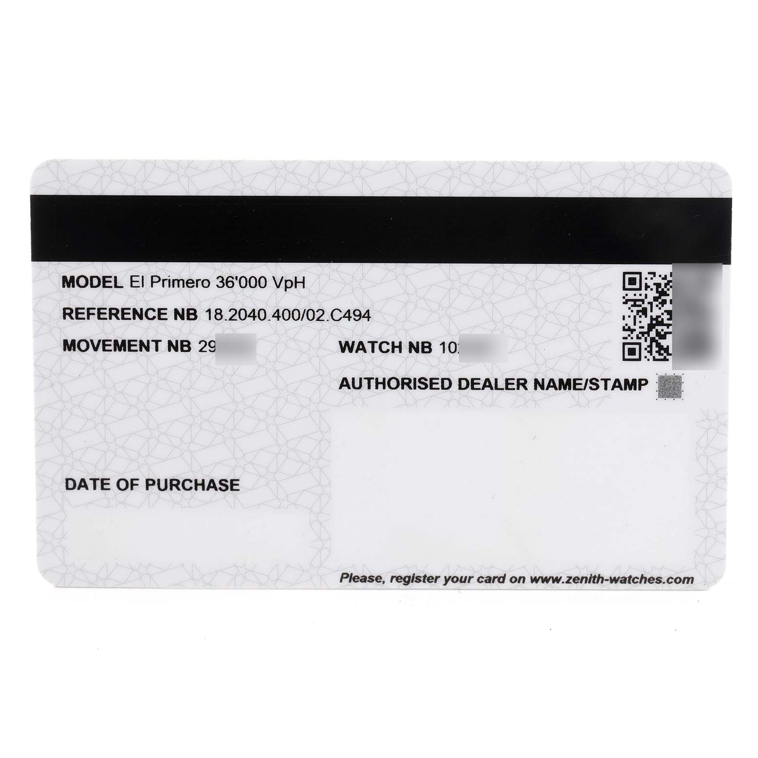 The image shows a warranty card for the Zenith El Primero 18.2040.400/02.C494 Men's Rose Gold Silver Dial 18.2040.400/02.C494 Men's Rose Gold Silver Dial model, displaying reference numbers, watch number, and dealer information.