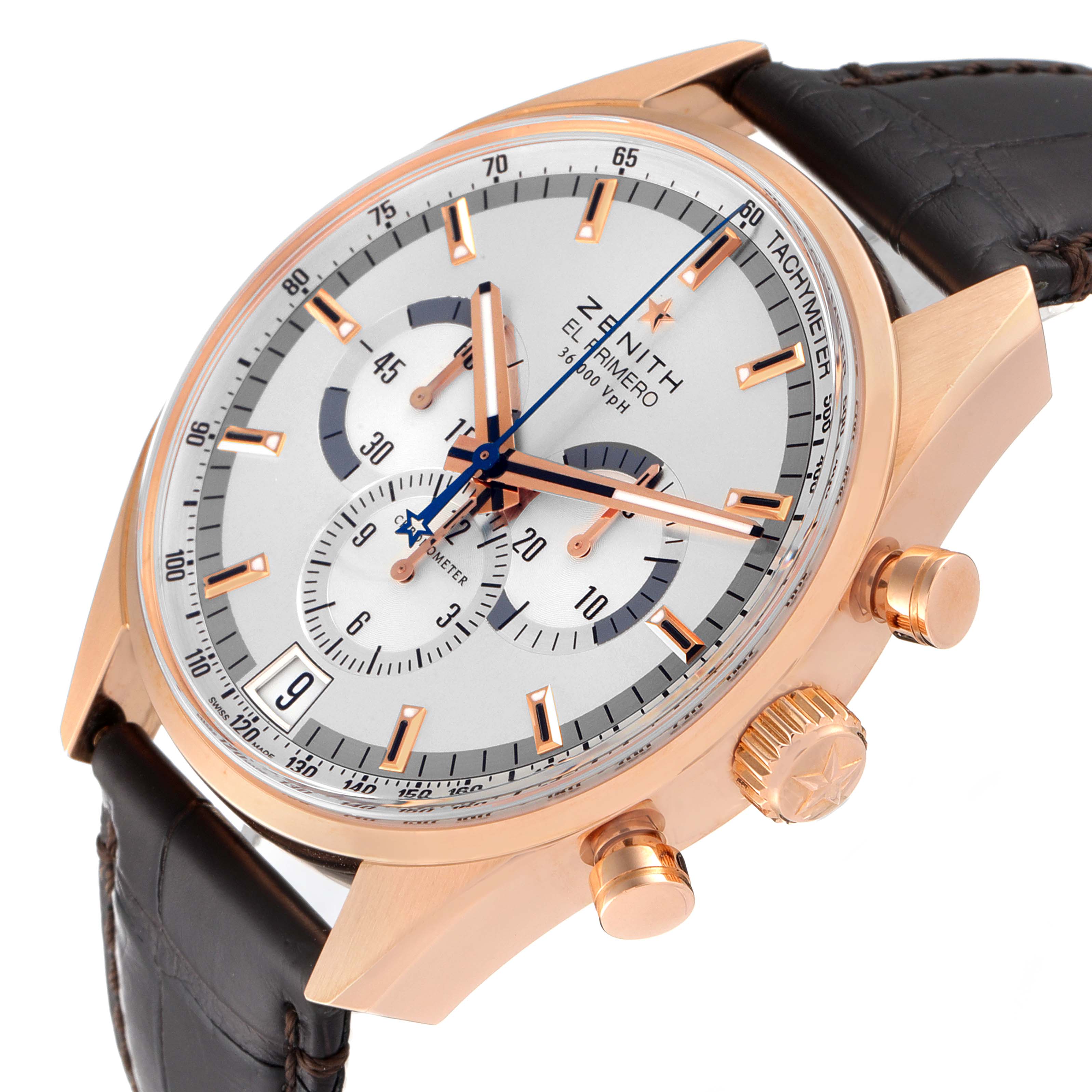 The image shows a Zenith El Primero 18.2040.400/02.C494 Men's Rose Gold Silver Dial 18.2040.400/02.C494 Men's Rose Gold Silver Dial watch at an angled view, highlighting its dial, crown, subdials, and leather strap.