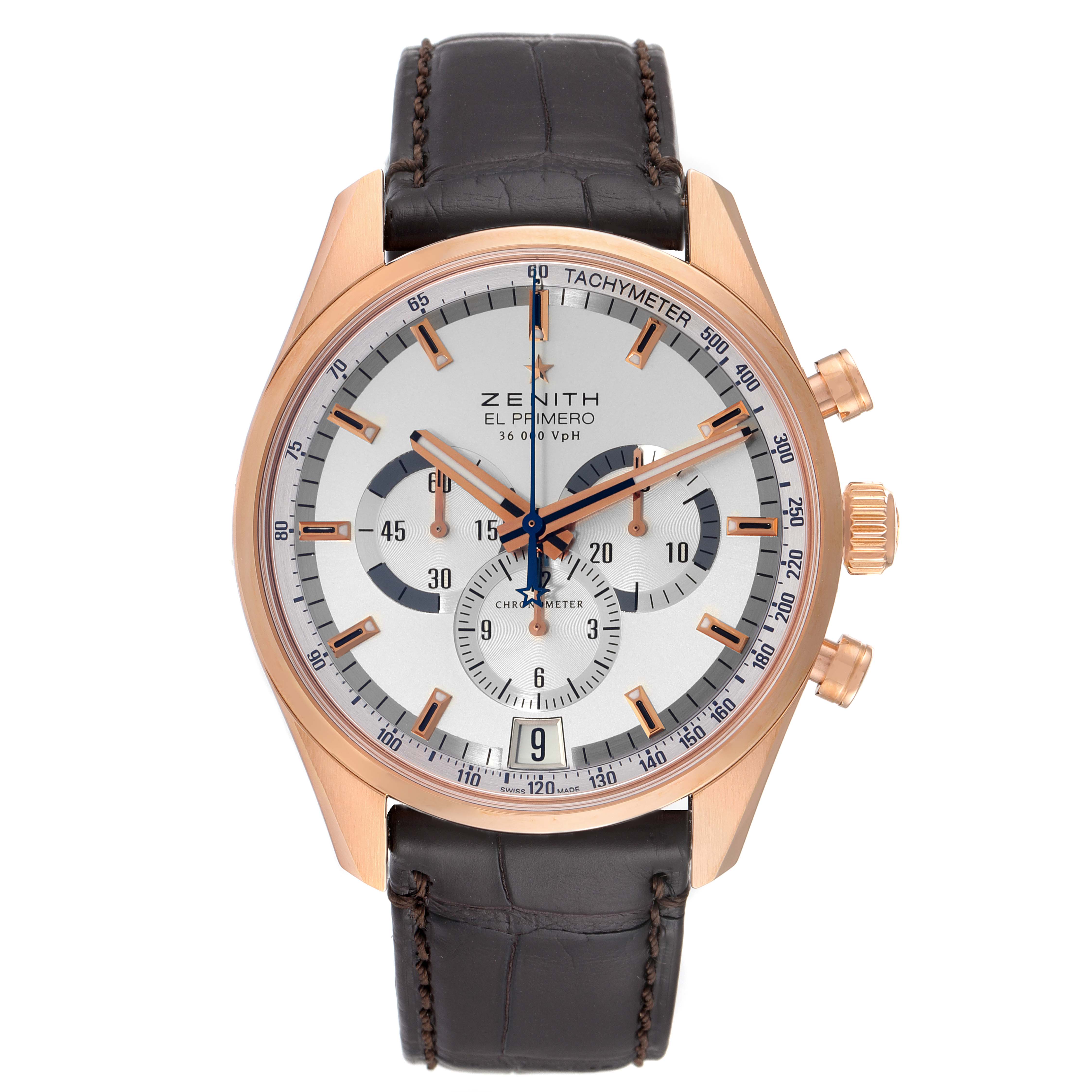 The El Primero model by Zenith is shown from the front, displaying the face, dial, sub-dials, and brown leather strap.