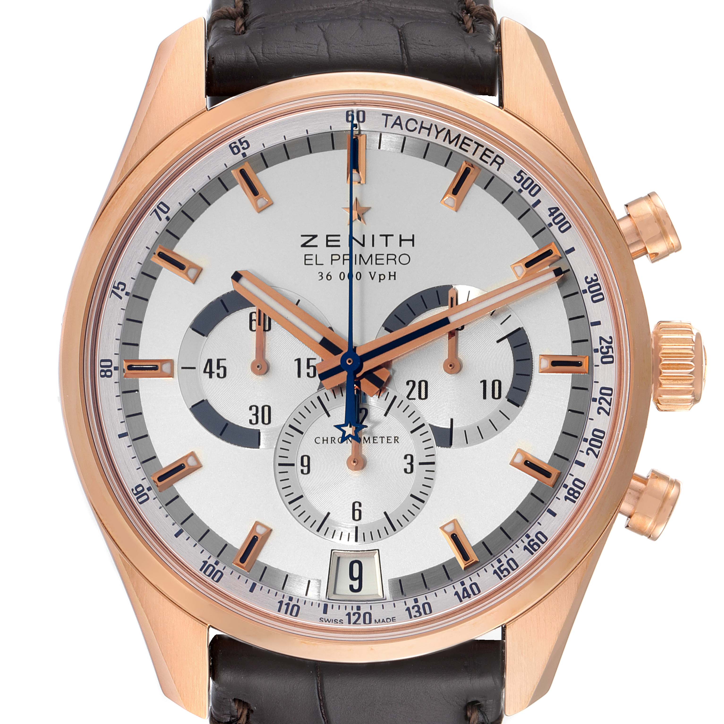 The Zenith El Primero 18.2040.400/02.C494 Men's Rose Gold Silver Dial 18.2040.400/02.C494 Men's Rose Gold Silver Dial watch is shown from a frontal angle, displaying its dial, tachymeter, sub-dials, and crown.