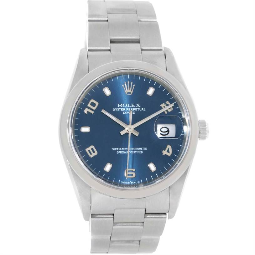 The image shows a front view of a Rolex Oyster Perpetual Date watch with a blue dial and stainless steel bracelet.
