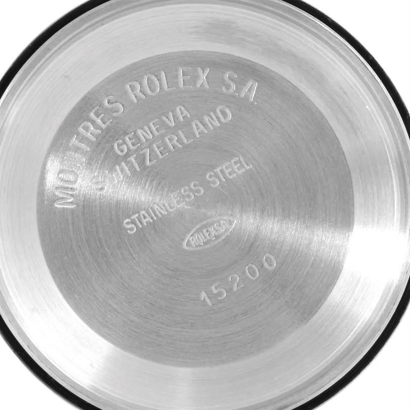 The image shows the inside case back of a Rolex Date 15200 Men's Stainless Steel Blue Dial 15200 Men's Stainless Steel Blue Dial model watch, highlighting the engraving details and model number 15200.