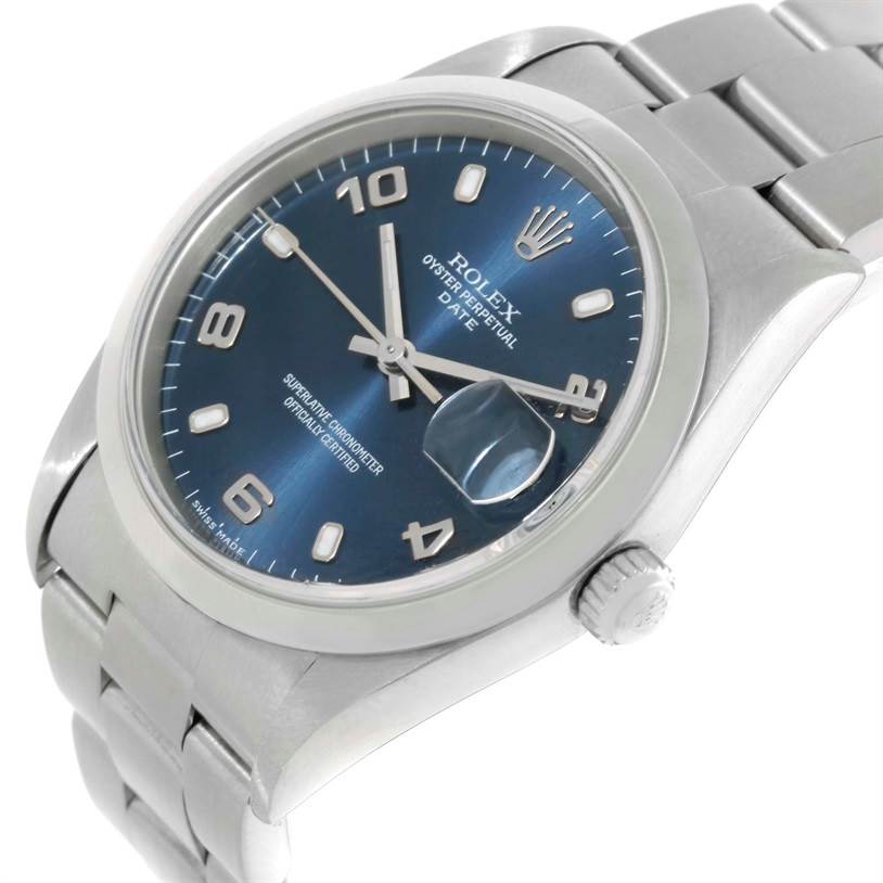 The image shows a Rolex Date 15200 Men's Stainless Steel Blue Dial 15200 Men's Stainless Steel Blue Dial model watch at an angle highlighting the dial, case, bezel, and part of the bracelet.