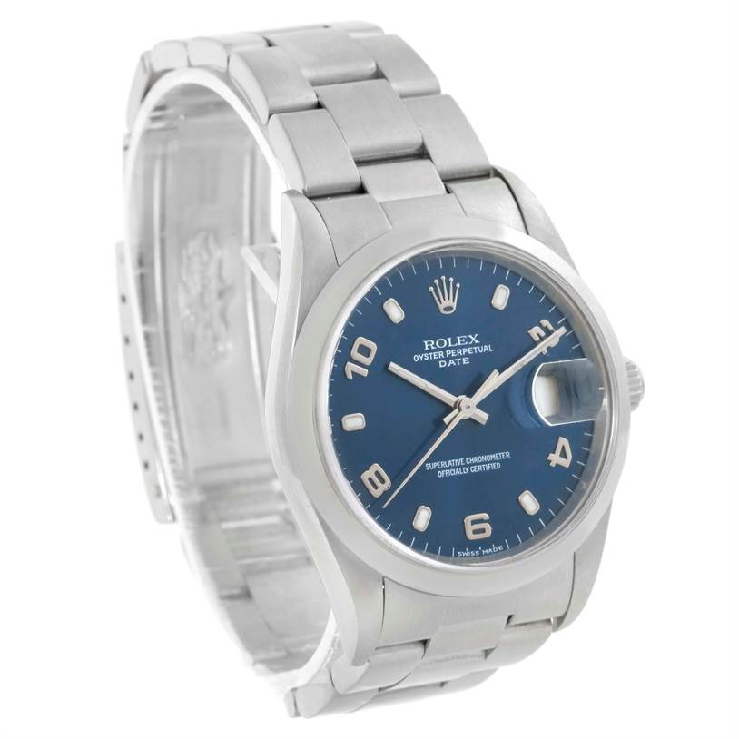 This image shows the Rolex Date 15200 Men's Stainless Steel Blue Dial 15200 Men's Stainless Steel Blue Dial wristwatch at a slight angle, highlighting its face, bracelet, and crown.