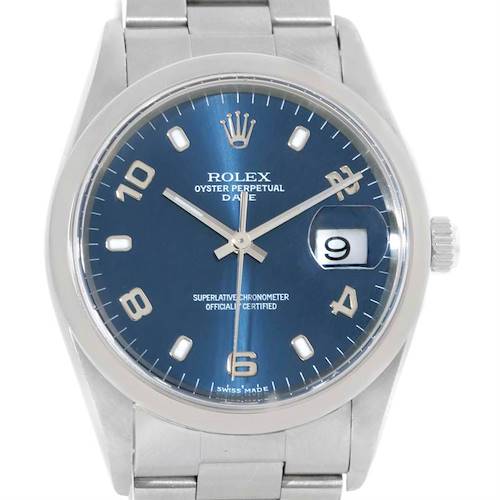 Photo of Rolex Date Blue Dial Oyster Bracelet Mens Stainless Steel Watch 15200