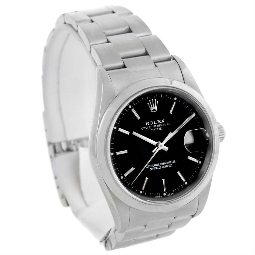 This image shows a Rolex Date 15200 Men's Stainless Steel Black Dial 15200 Men's Stainless Steel Black Dial model watch at a three-quarter angle, highlighting the face and part of the metal bracelet.