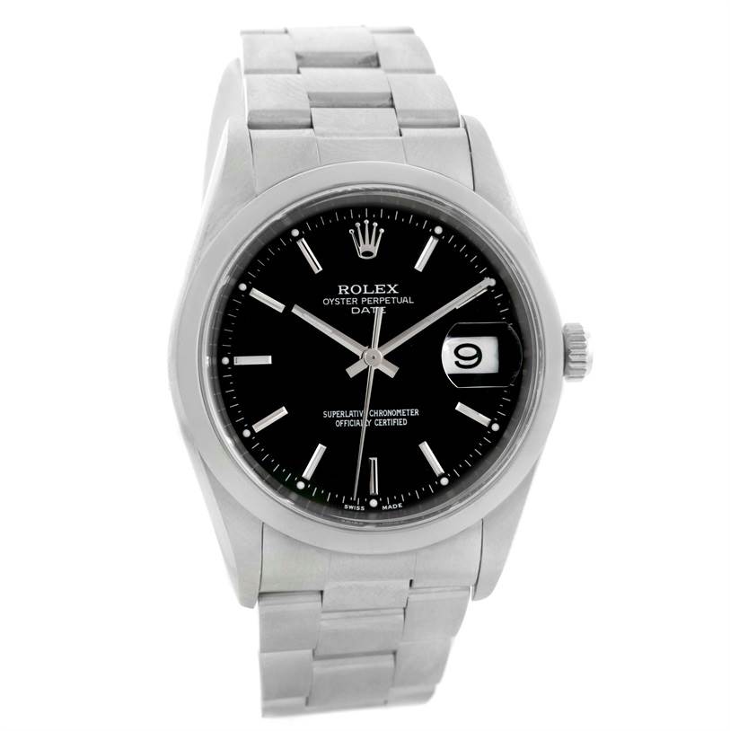 This image shows a front angle of a Rolex Date 15200 Men's Stainless Steel Black Dial 15200 Men's Stainless Steel Black Dial model watch displaying its black dial, date window, and metal bracelet.