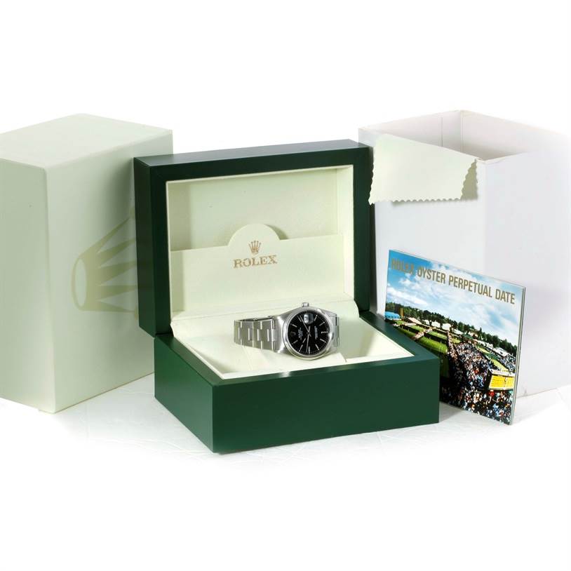 The image shows a Rolex Date 15200 Men's Stainless Steel Black Dial 15200 Men's Stainless Steel Black Dial model watch from a front angle, displayed in its box with accompanying documentation.