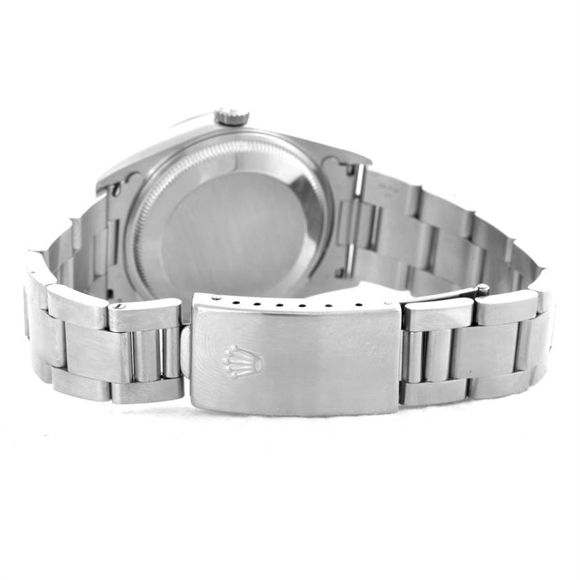 This image shows the back view of a Rolex Date 15200 Men's Stainless Steel Black Dial 15200 Men's Stainless Steel Black Dial model watch, including its case back and metal bracelet clasp.