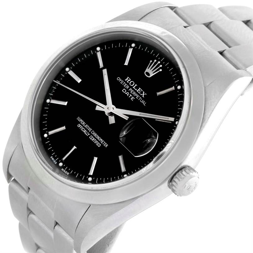 This image shows a close-up angle of the Rolex Date 15200 Men's Stainless Steel Black Dial 15200 Men's Stainless Steel Black Dial model watch, highlighting the dial, crown, and part of the bracelet.