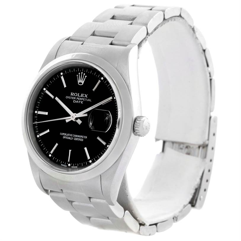 The image shows a Rolex Date 15200 Men's Stainless Steel Black Dial 15200 Men's Stainless Steel Black Dial watch at an angle displaying its face, crown, and bracelet.