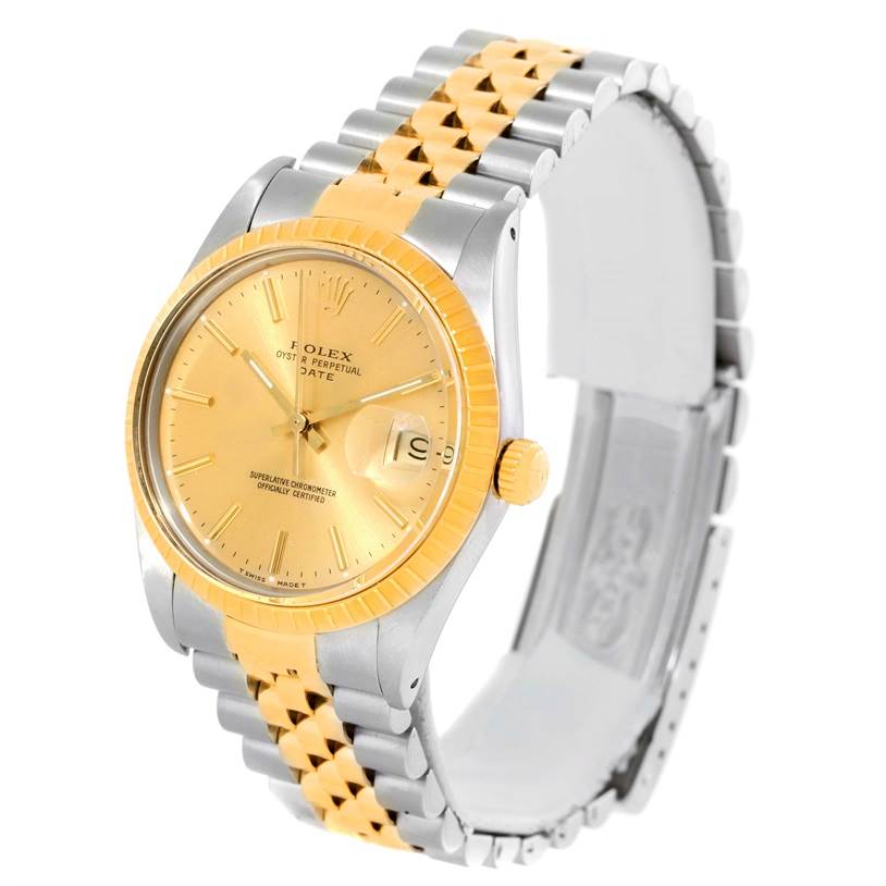 This image shows a Rolex Date 15053 Men's Steel and Gold (two tone) Champagne Dial 15053 Men's Steel and Gold (two tone) Champagne Dial model watch at a three-quarter angle, highlighting the gold and silver bracelet and the gold dial.