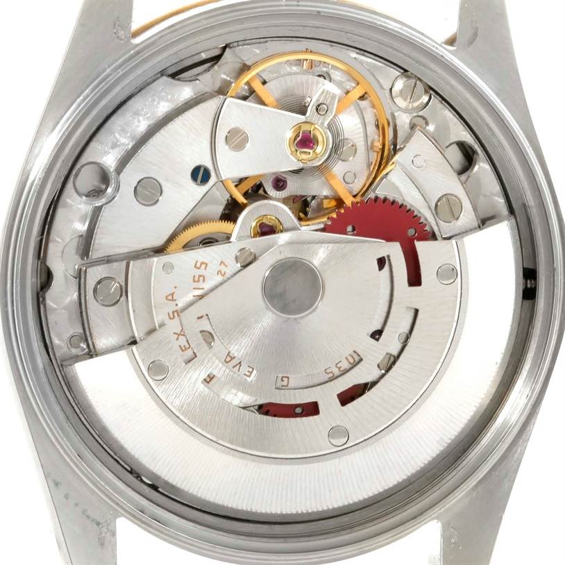 This is a close-up view of the movement and internal components of a Rolex Date 15053 Men's Steel and Gold (two tone) Champagne Dial 15053 Men's Steel and Gold (two tone) Champagne Dial model watch.