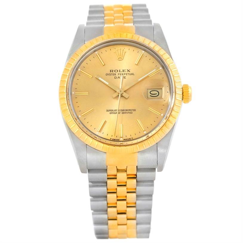 This Rolex Date 15053 Men's Steel and Gold (two tone) Champagne Dial 15053 Men's Steel and Gold (two tone) Champagne Dial model watch is shown from a front angle, displaying the face, bezel, and bracelet.
